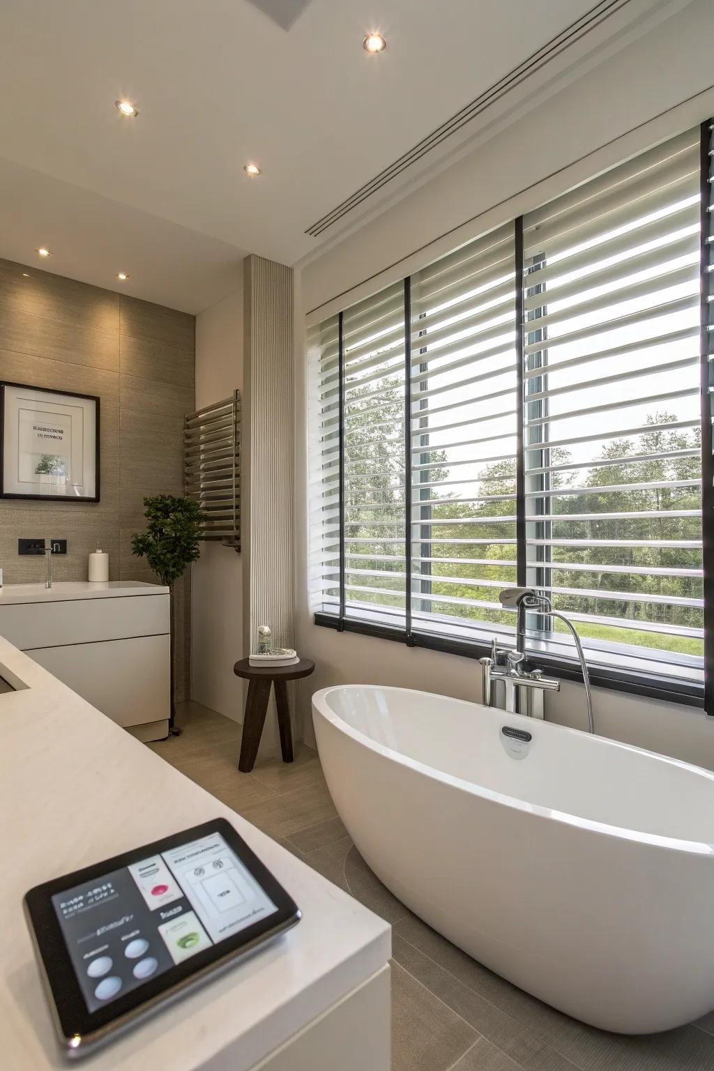 Modern convenience: Auto blinds for a tech bathroom.
