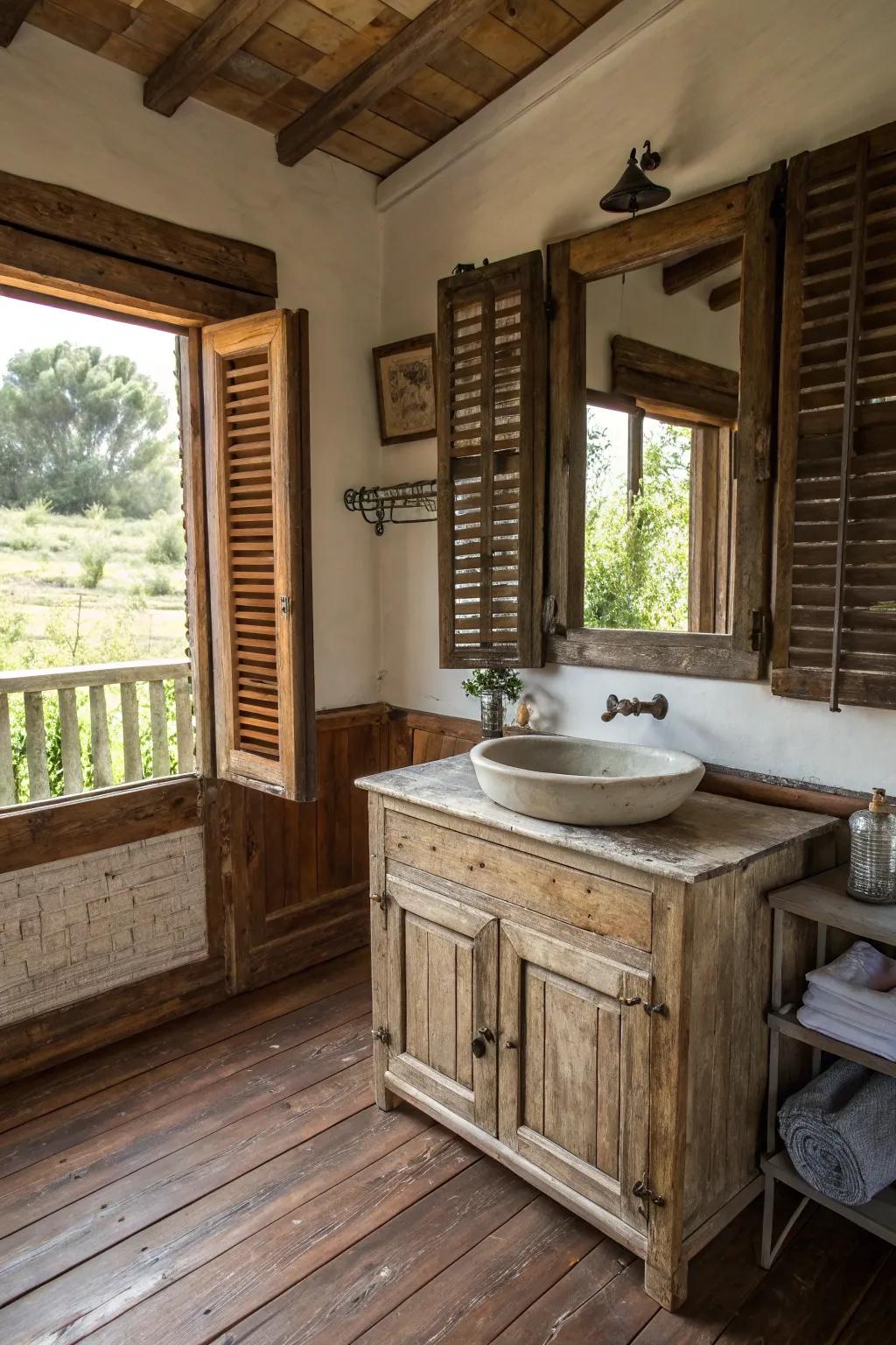 Window coverings add country charm to the bathroom.