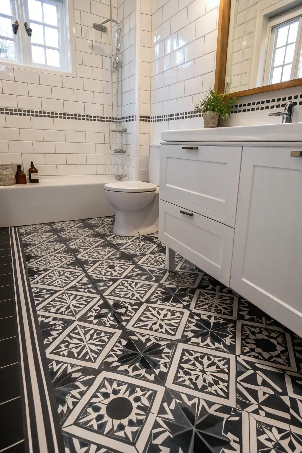 Geometric panel patterns turn the dark-toned floor into an artistic masterpiece.