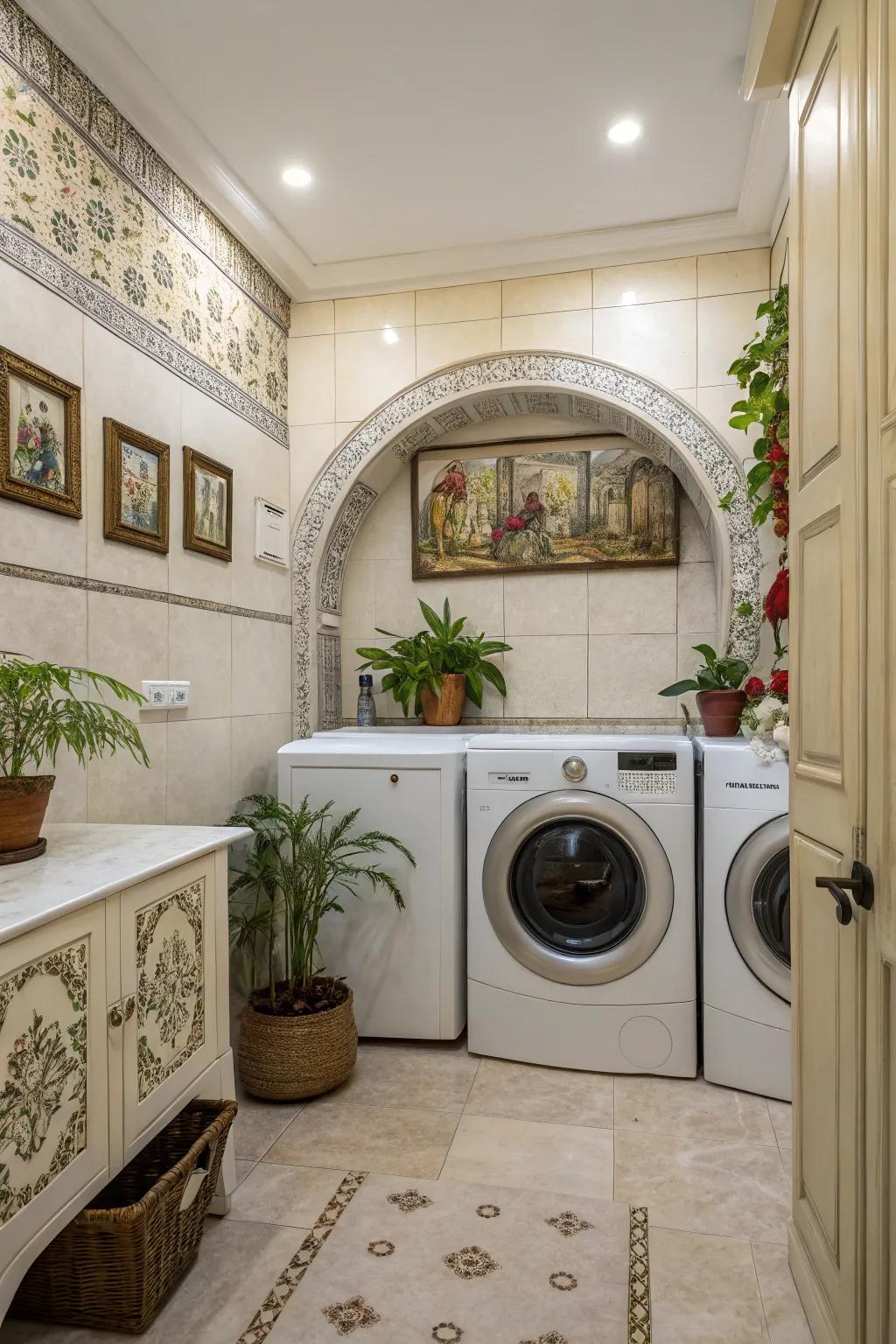 Creative decorations transform the laundry area into a design feature.