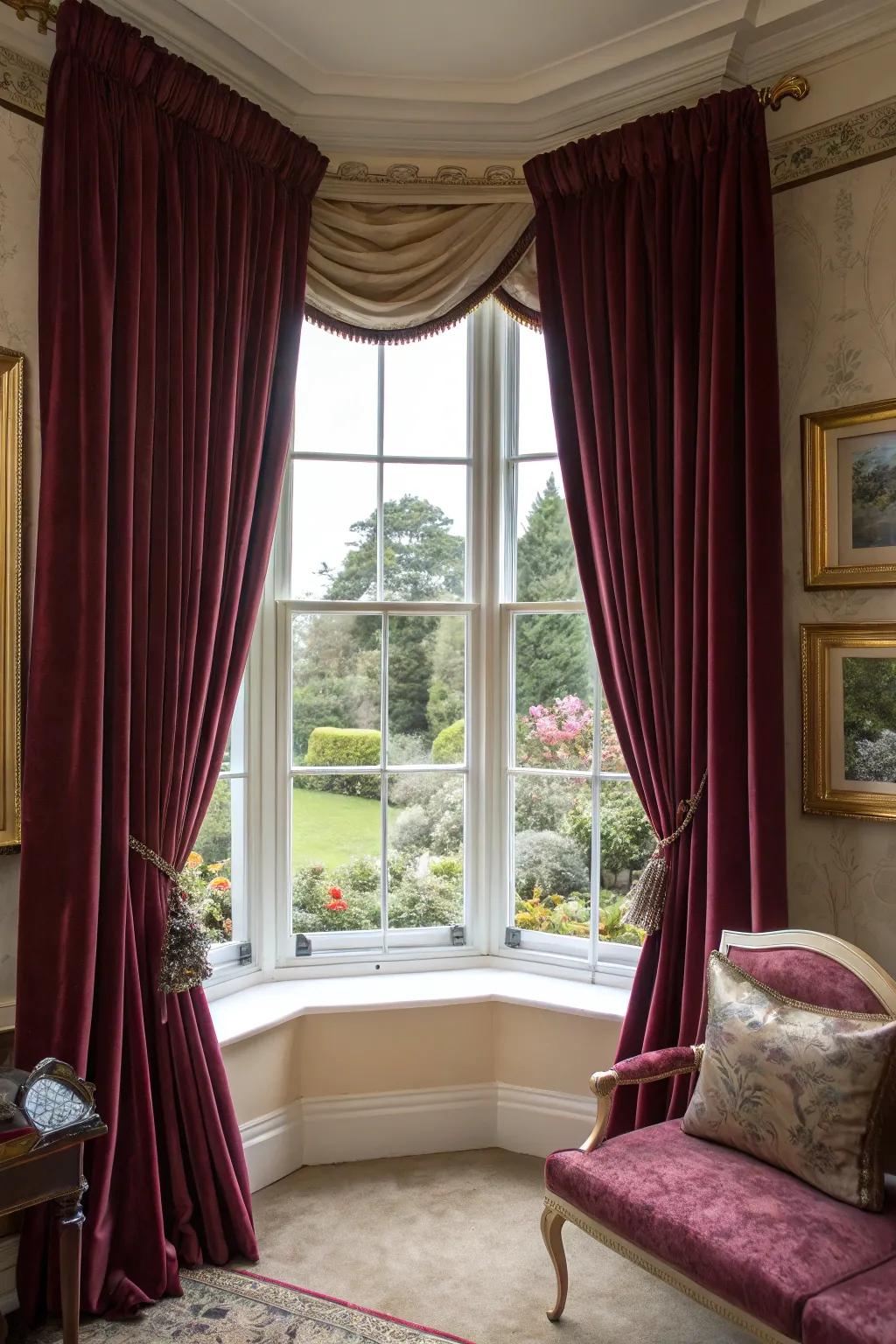 Velvet curtains giving luxury and elegance to bay windows.
