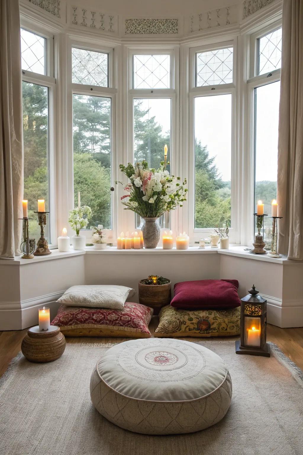 A meditation corner within the bay window offers a tranquil retreat inside your home.