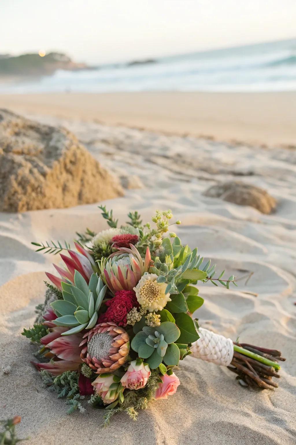 A textured bouquet that introduces depth to a beach wedding.