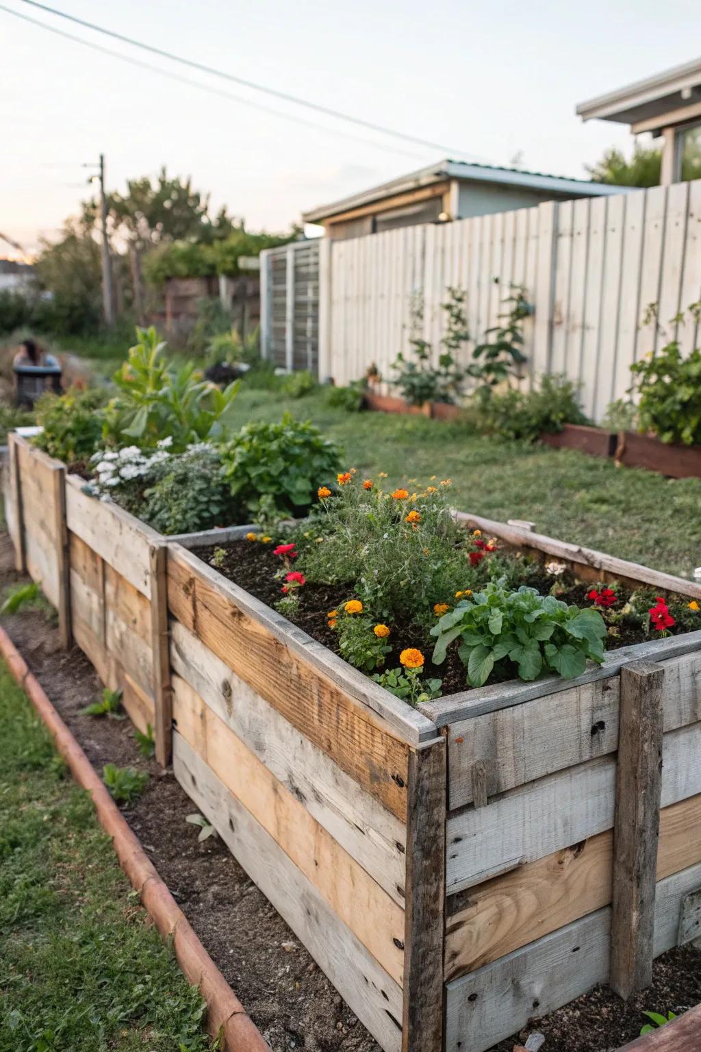 A DIY elevated garden bed crafted from recycled materials, brimming with spring blooms.