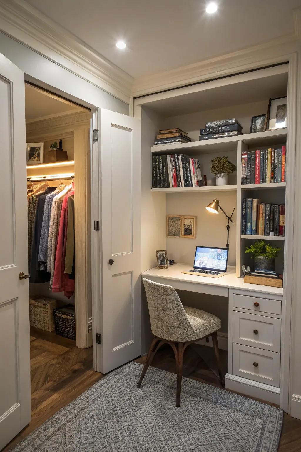 A hidden office adds functionality to your closet area.