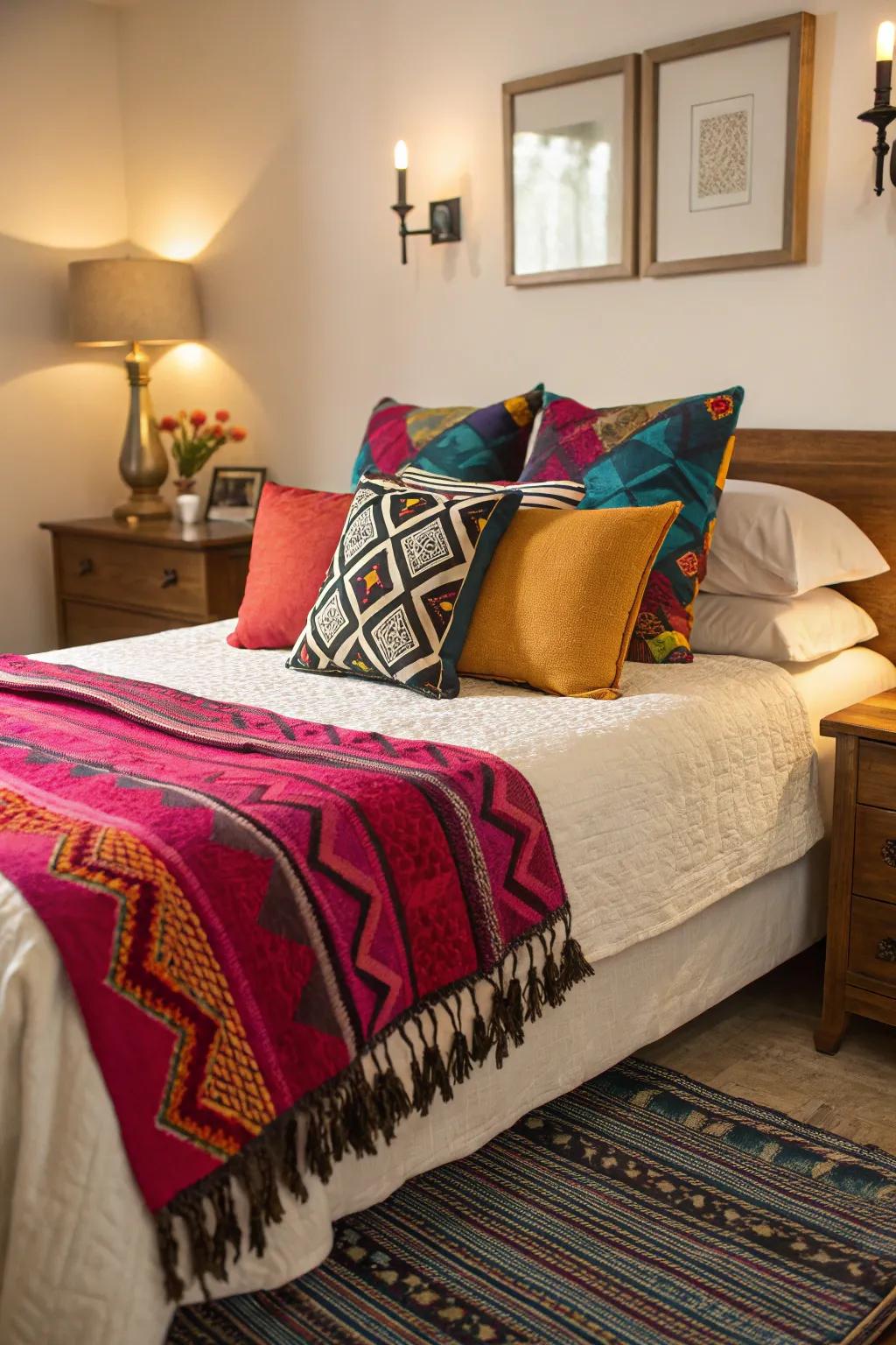 A neutral bedroom is brightened with colorful accents.