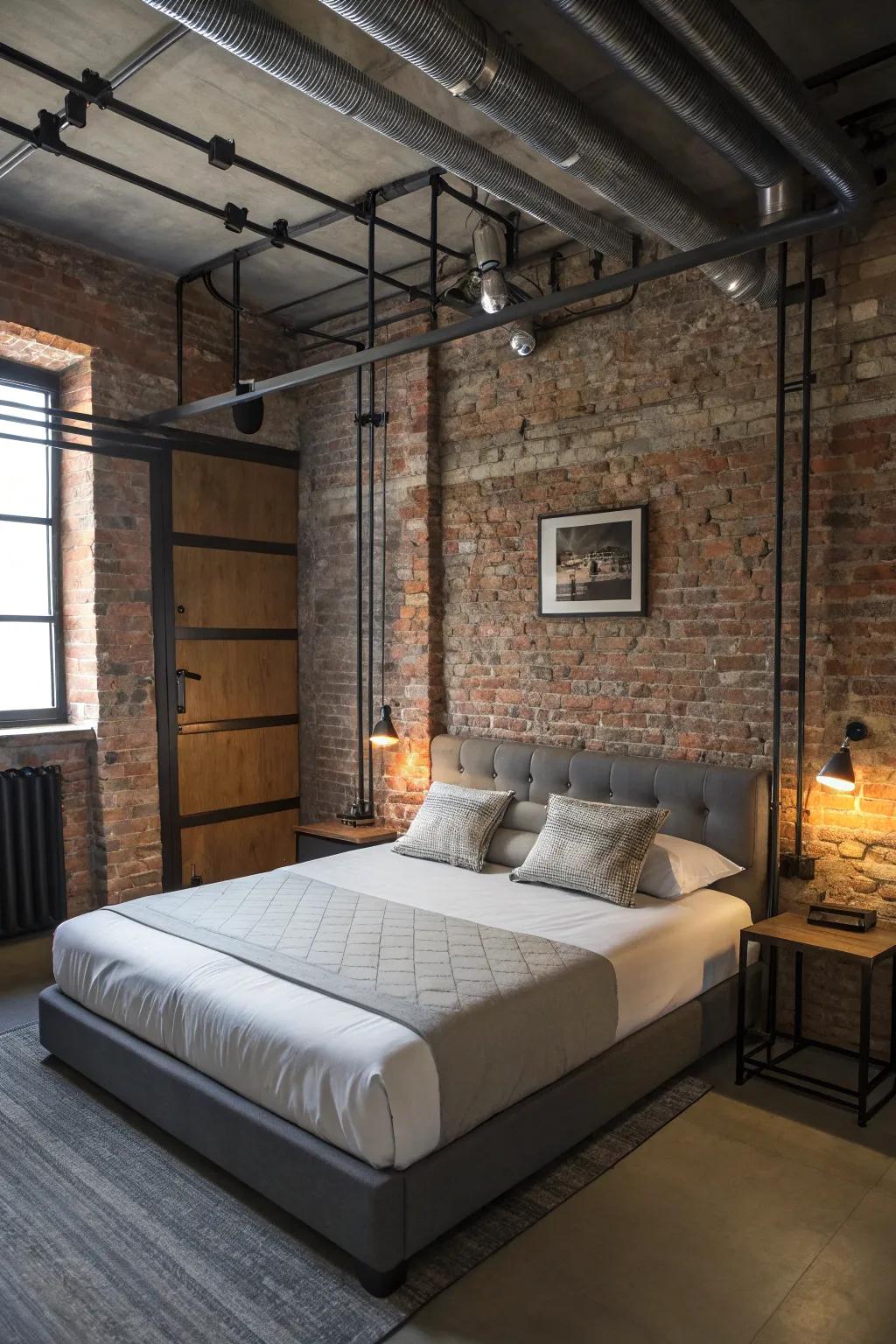 Industrial elements add a modern and edgy touch to the bedroom.