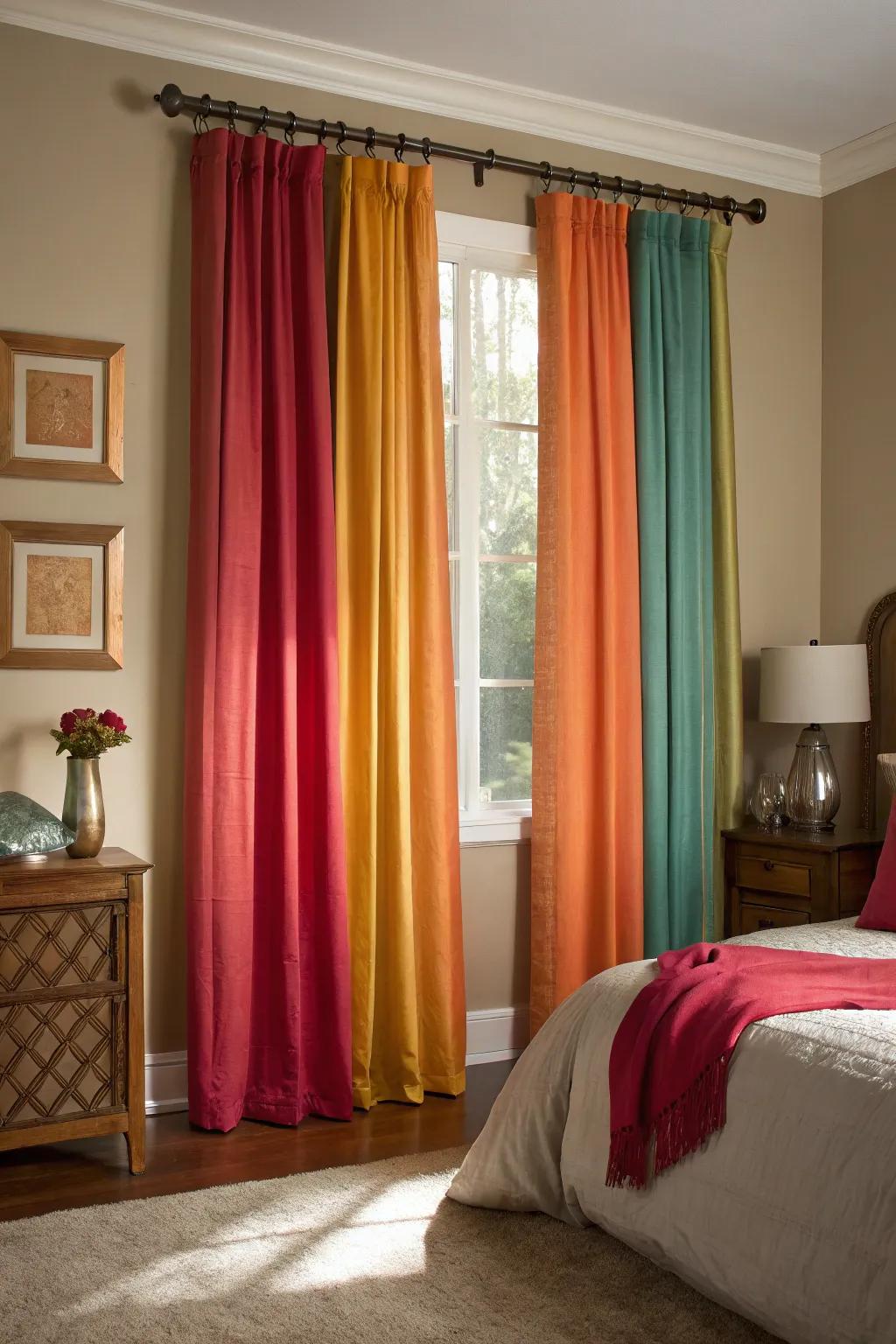 Vibrant drapery injects striking contrast and dynamic energy.