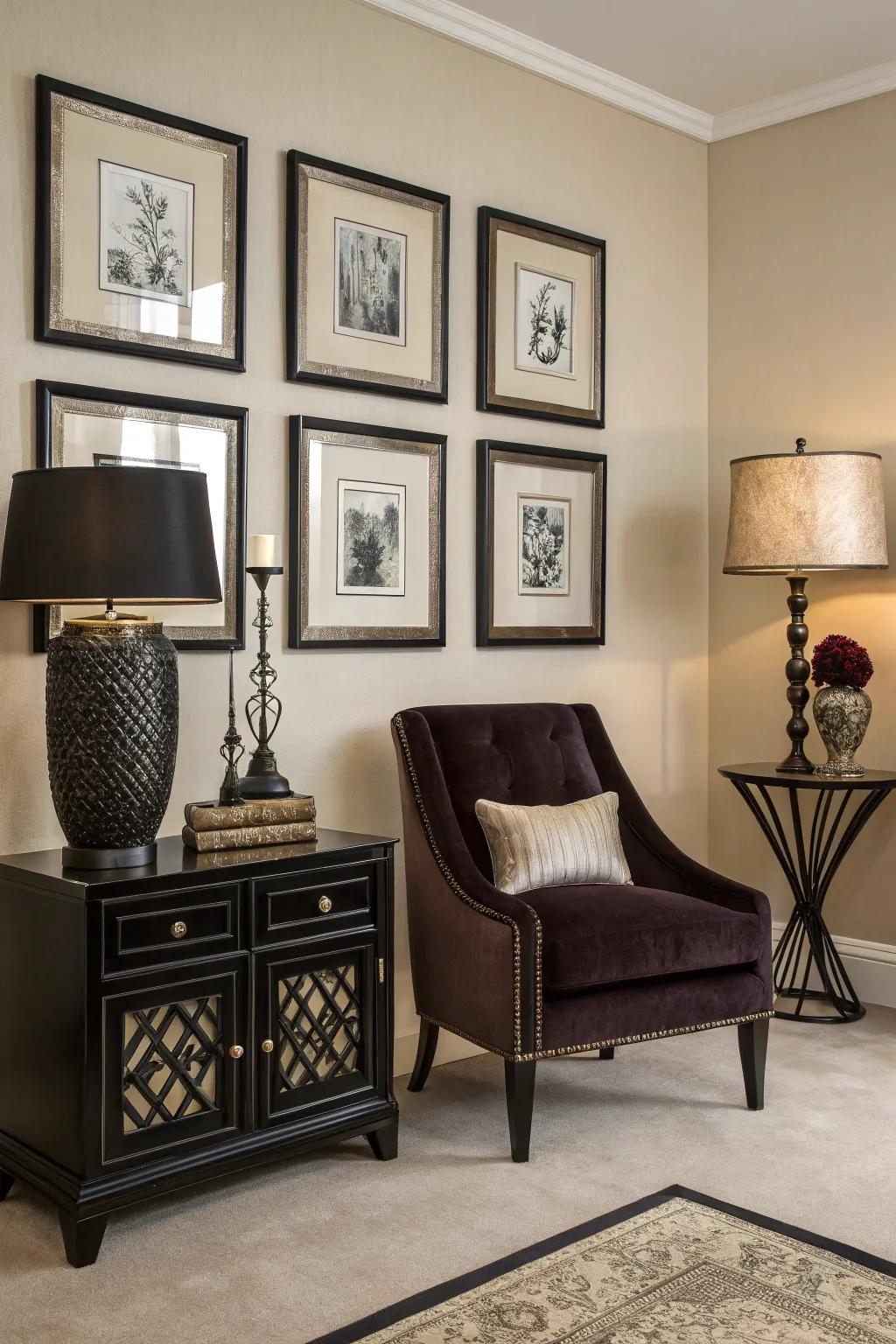 Dark components establish striking contrasts within this beige interior.