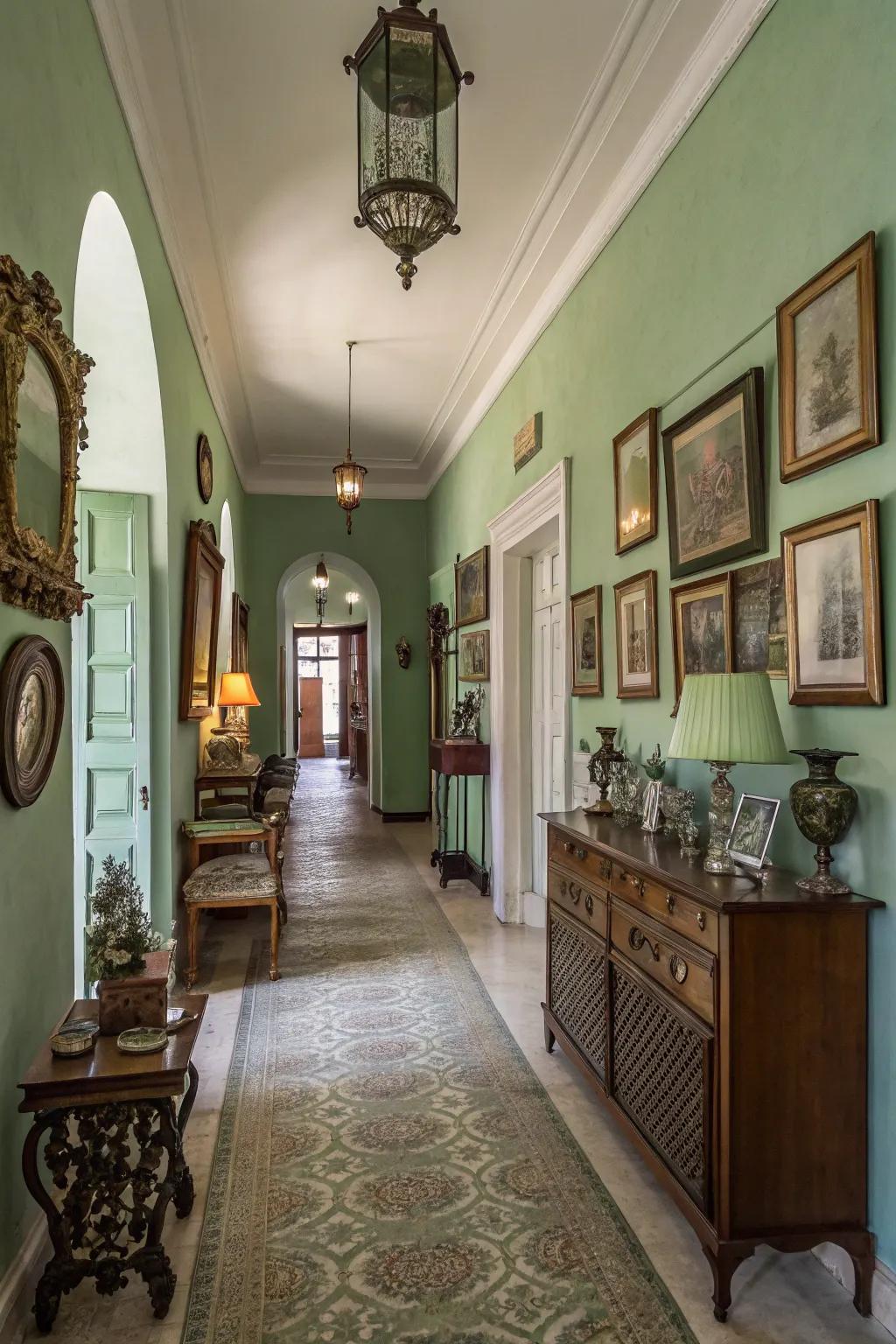 A charming hallway with subtle lichen green walls.