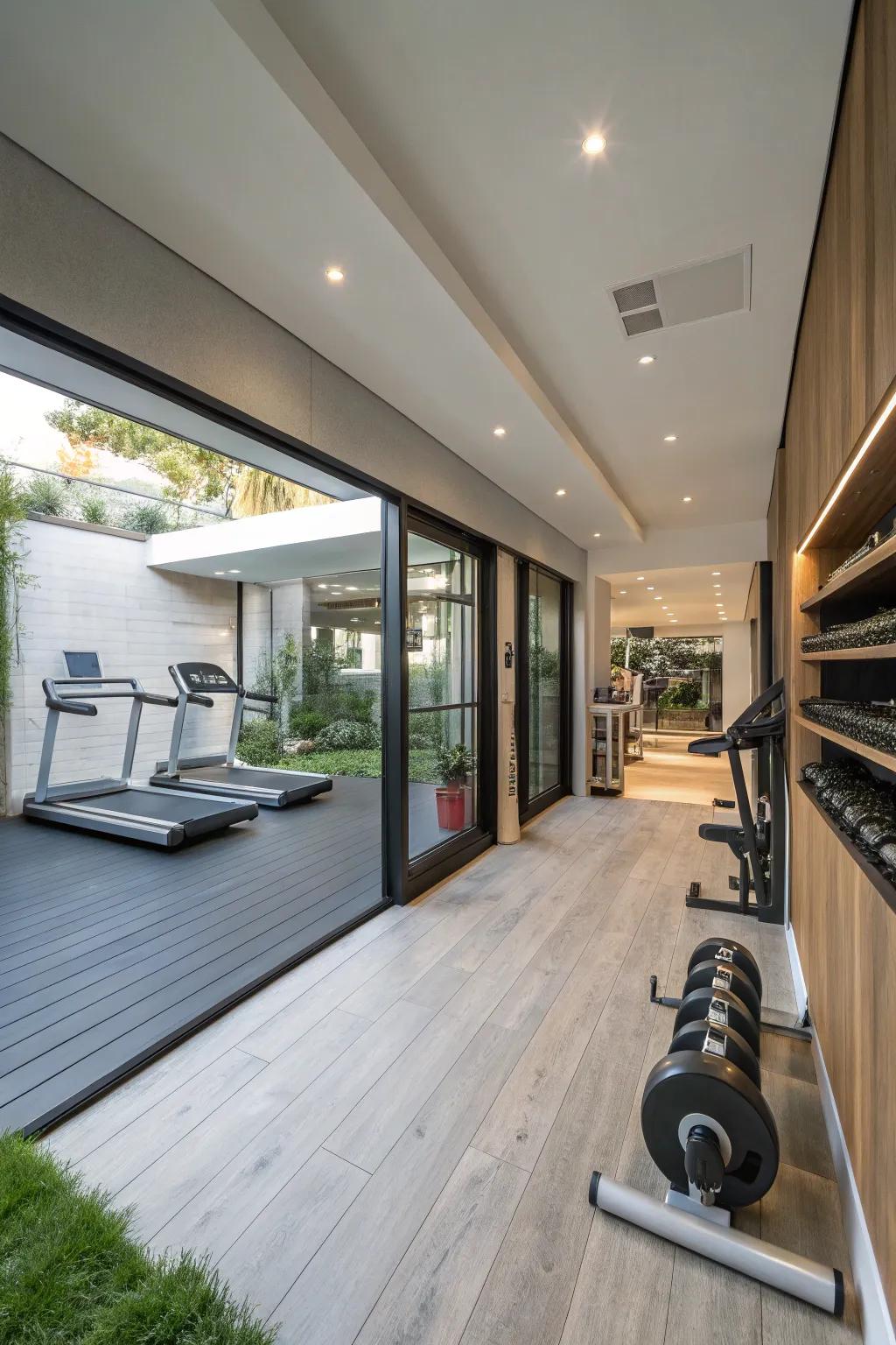 Waterproof laminate ensures a clean and durable fitness ambiance.