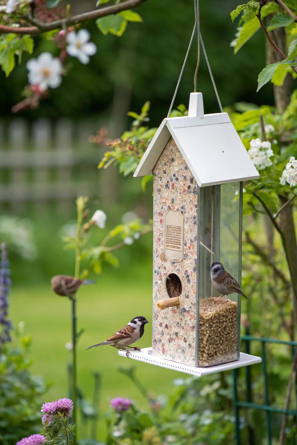 Welcoming birds through carton bird feeders.