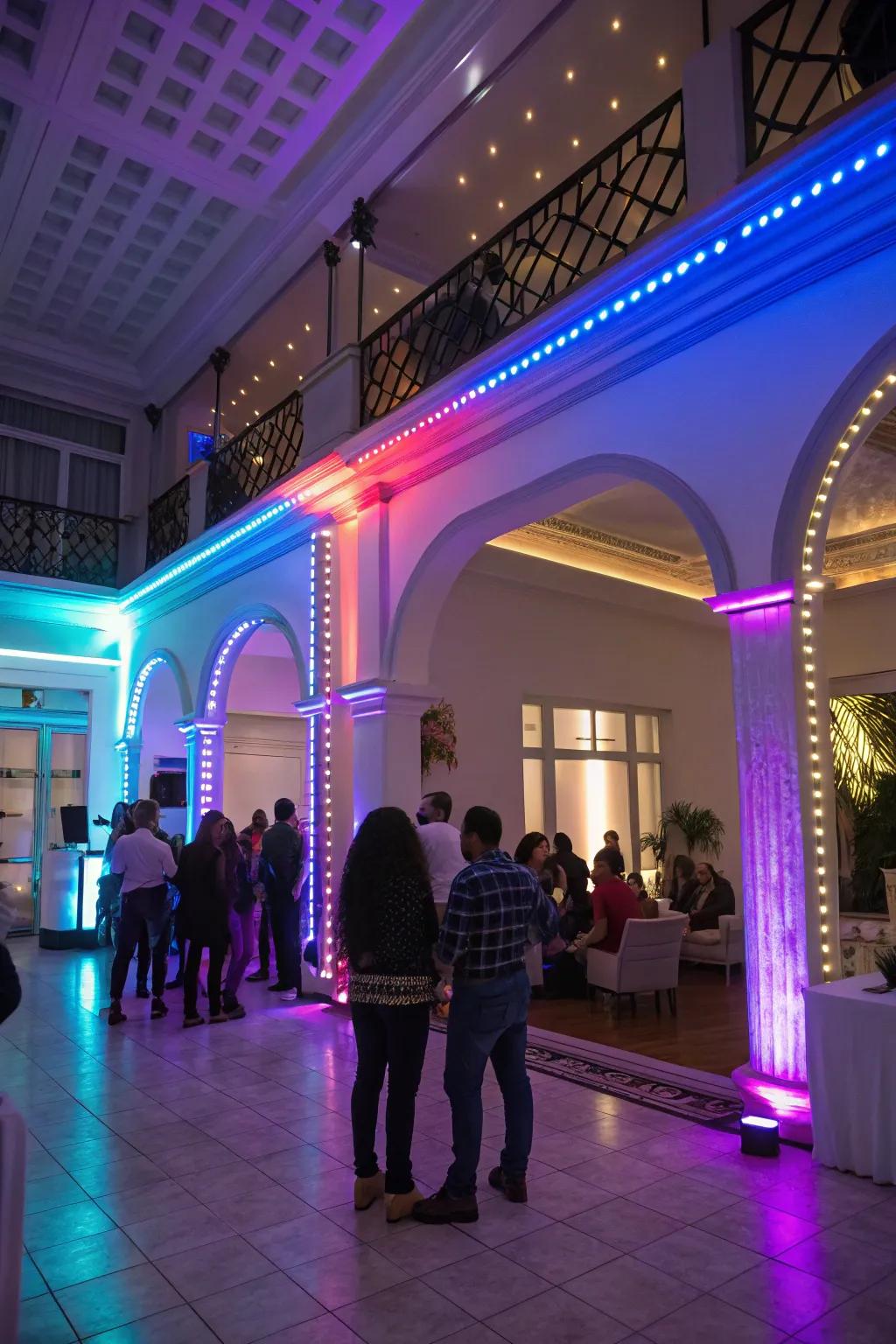 Strip lights append smooth accents to party decorations.