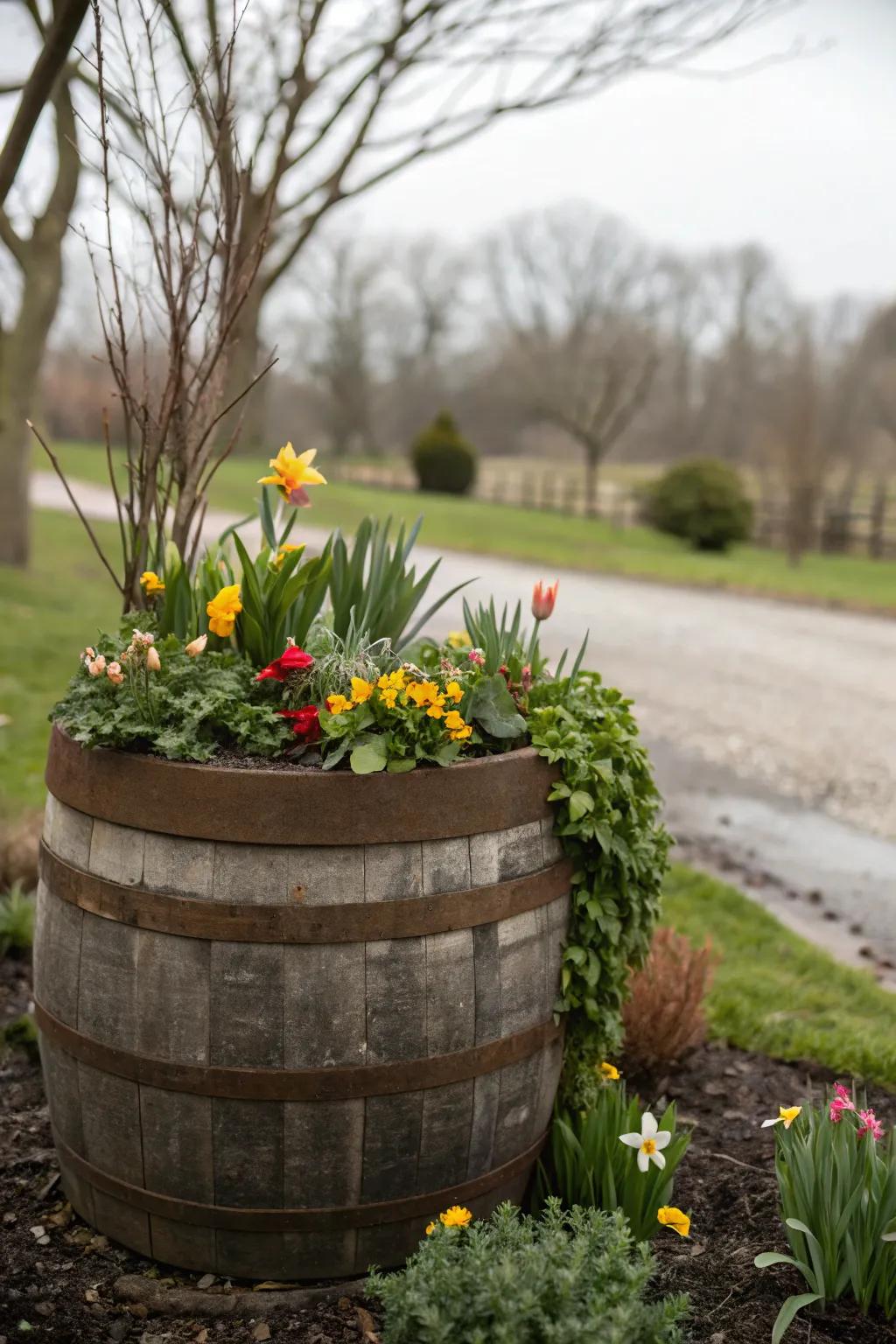 A versatile whiskey barrel adapting beautifully to changes in the seasons.