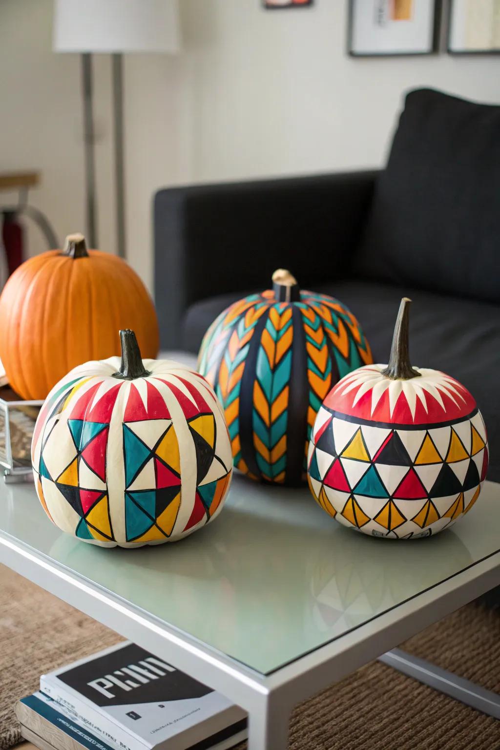 Create a statement using geometric-patterned pumpkins.