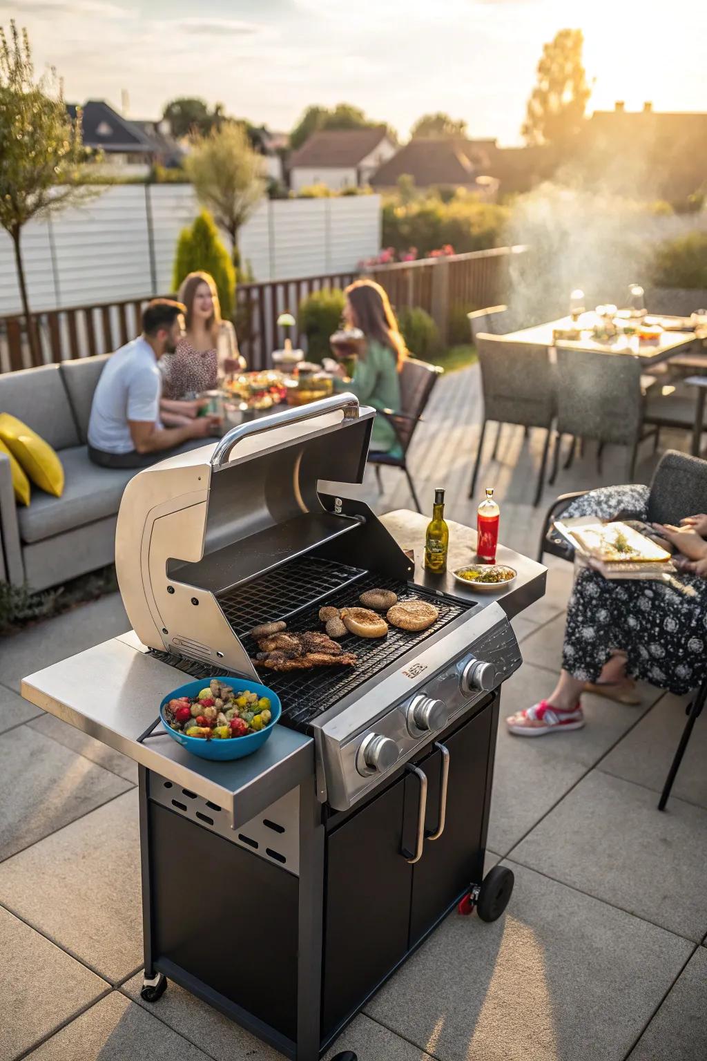 A smart grill takes center stage at a cookout, delivering perfectly grilled dishes.