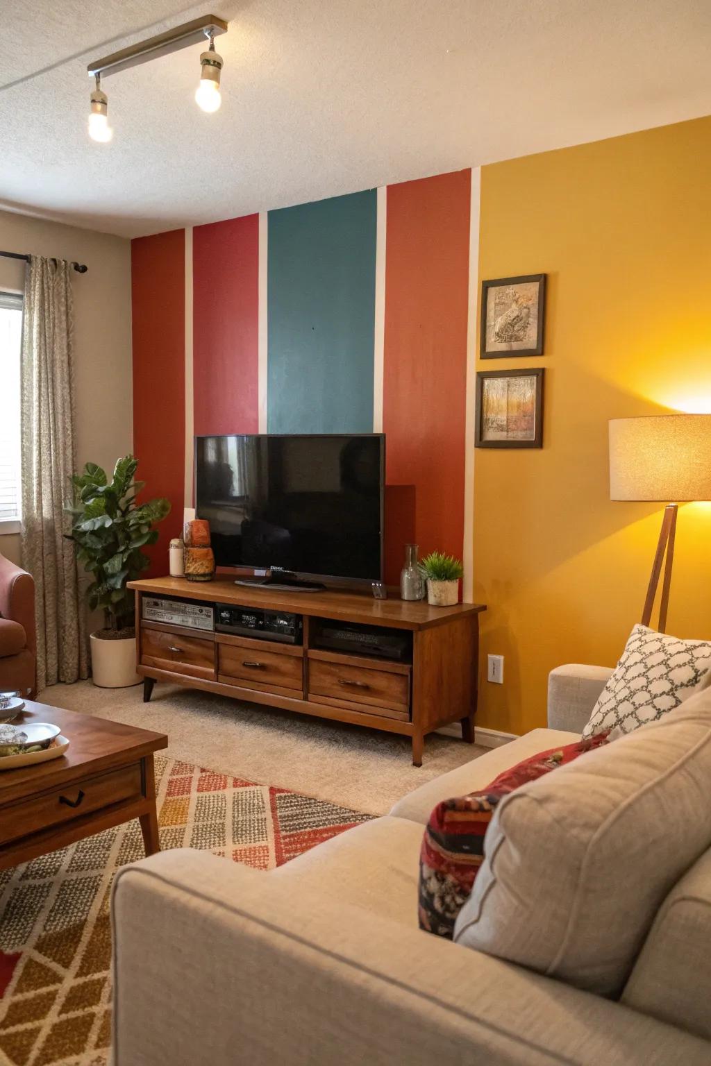 The television is made a standout feature by a color block wall.
