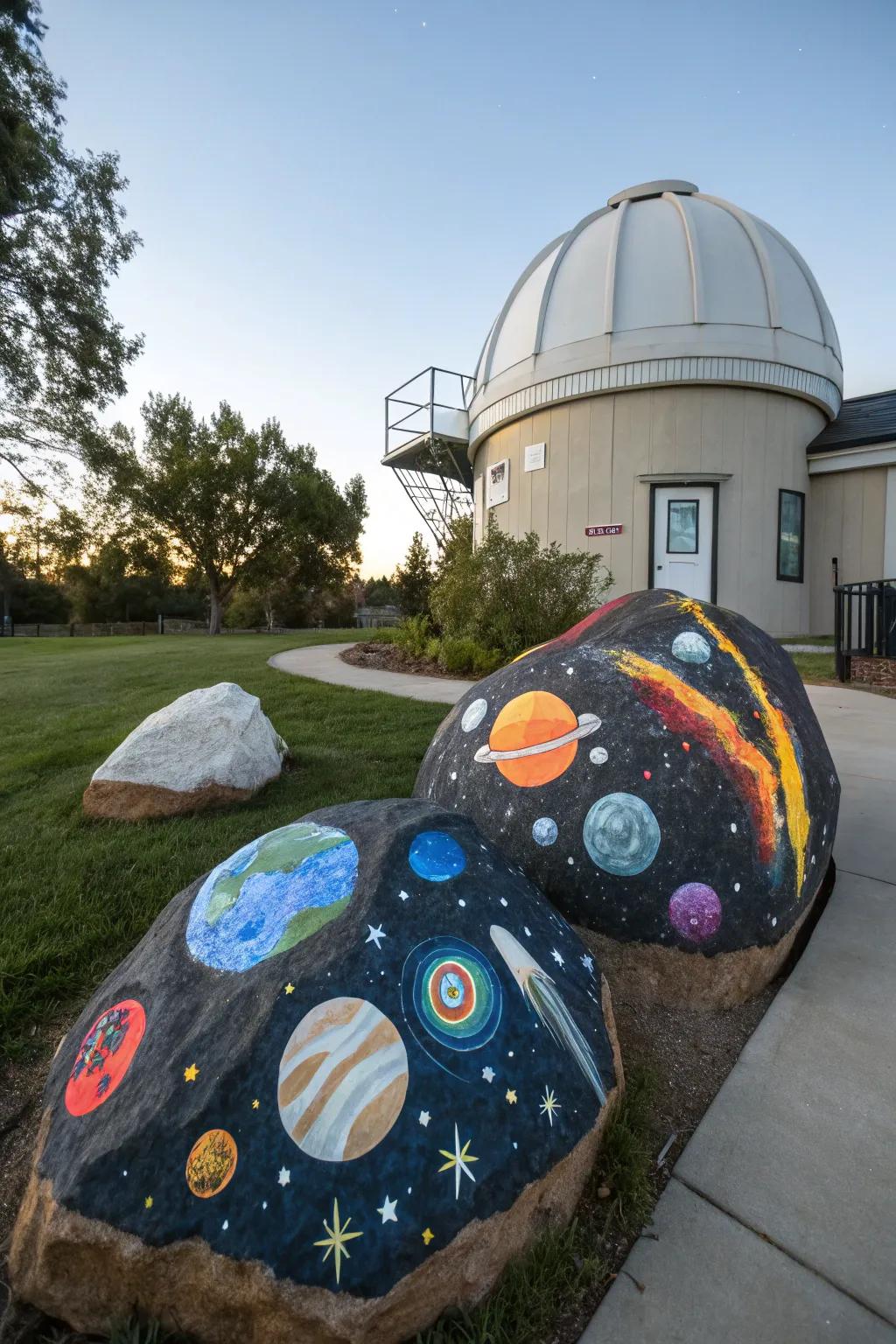 Embark on a cosmic journey with stone art featuring space themes.