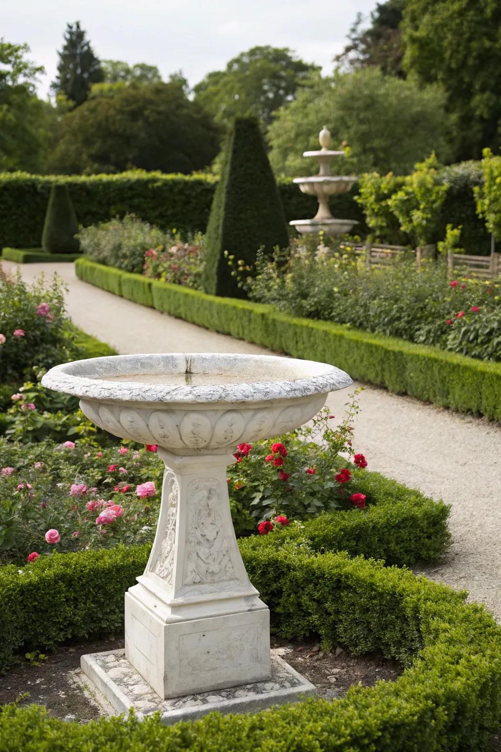 A white marble bird spa serving as an elegant focal point in a sophisticated garden.
