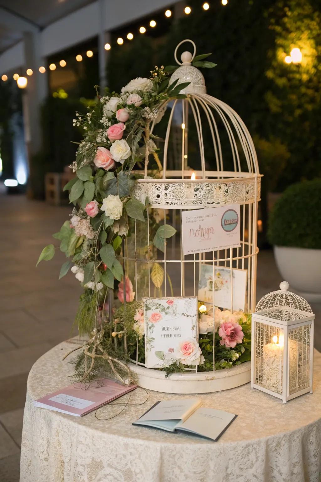 A bird cage adds romantic charm to wedding aesthetic.