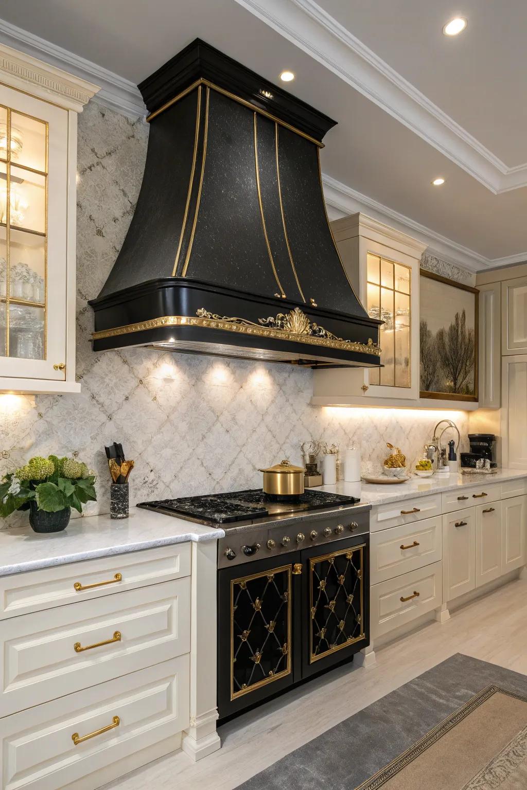 Gilded trim on a ebony range hood adds a touch of luxury.