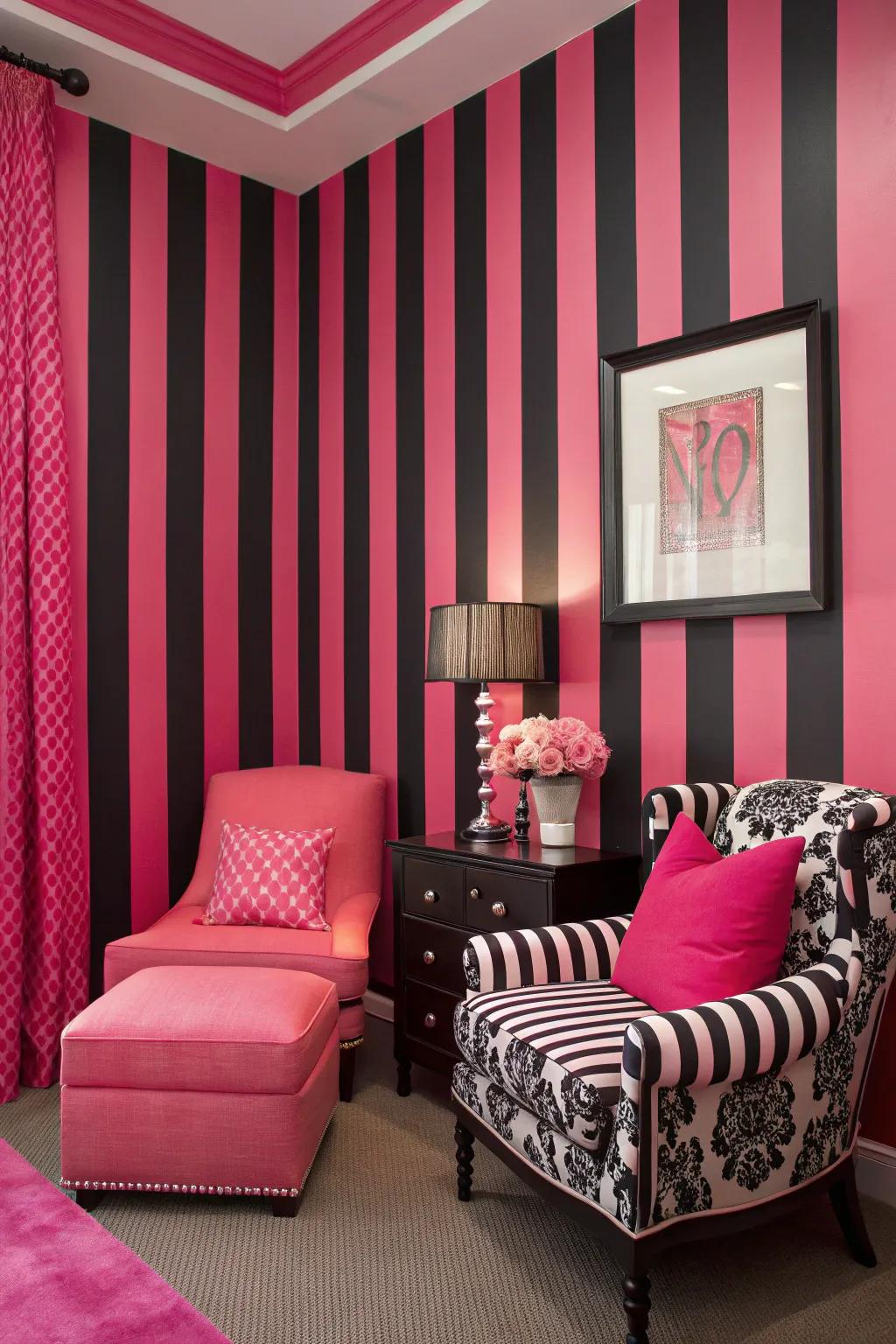 Bold designs contribute a playful and energetic element to the room.