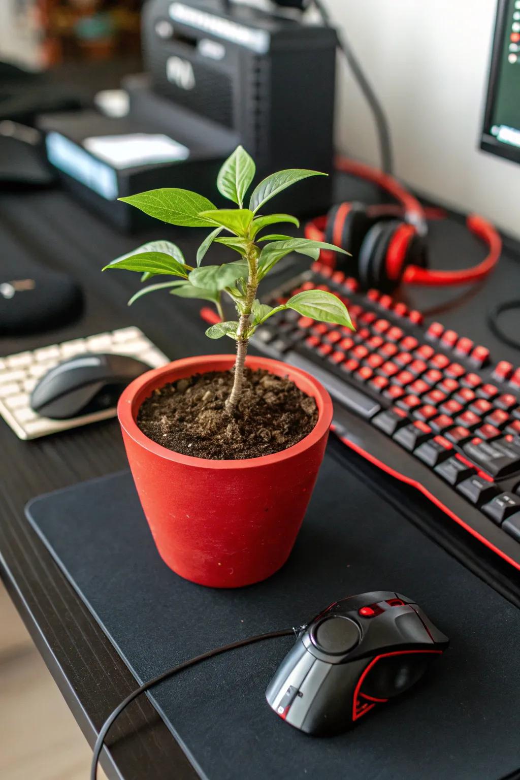 A small plant in a crimson pot adds a touch of nature to the high-tech gaming setup.