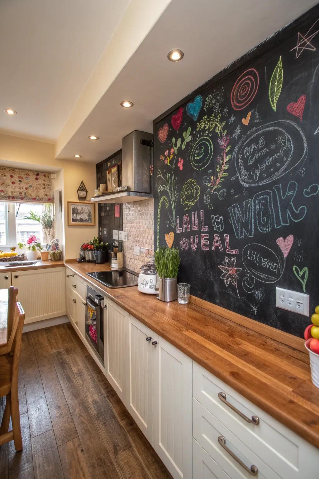 A playful cooking space design featuring a writing board backsplash for creative expression.