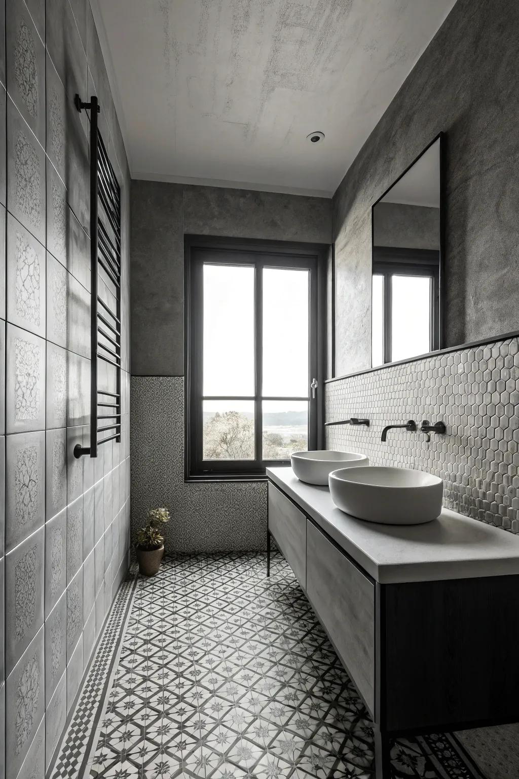 Woven surfaces inject profundity into a minimalist monochrome bathroom.