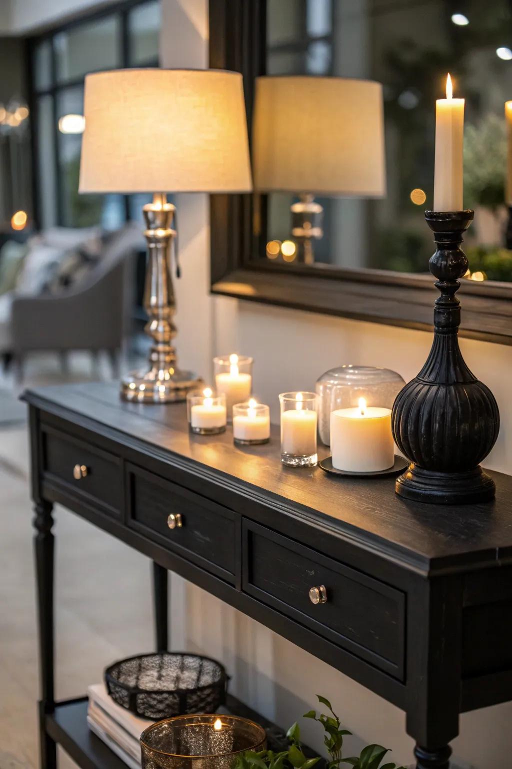 Layered lighting creates a warm and inviting atmosphere.