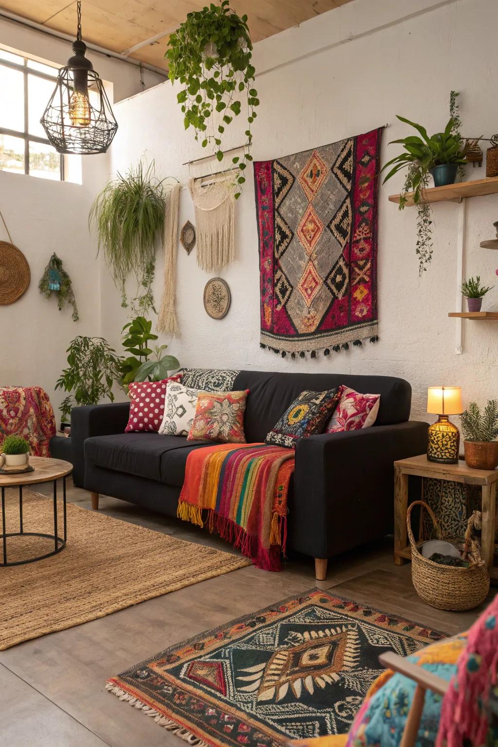 Bohemian paradise with a relaxed dark sofa.