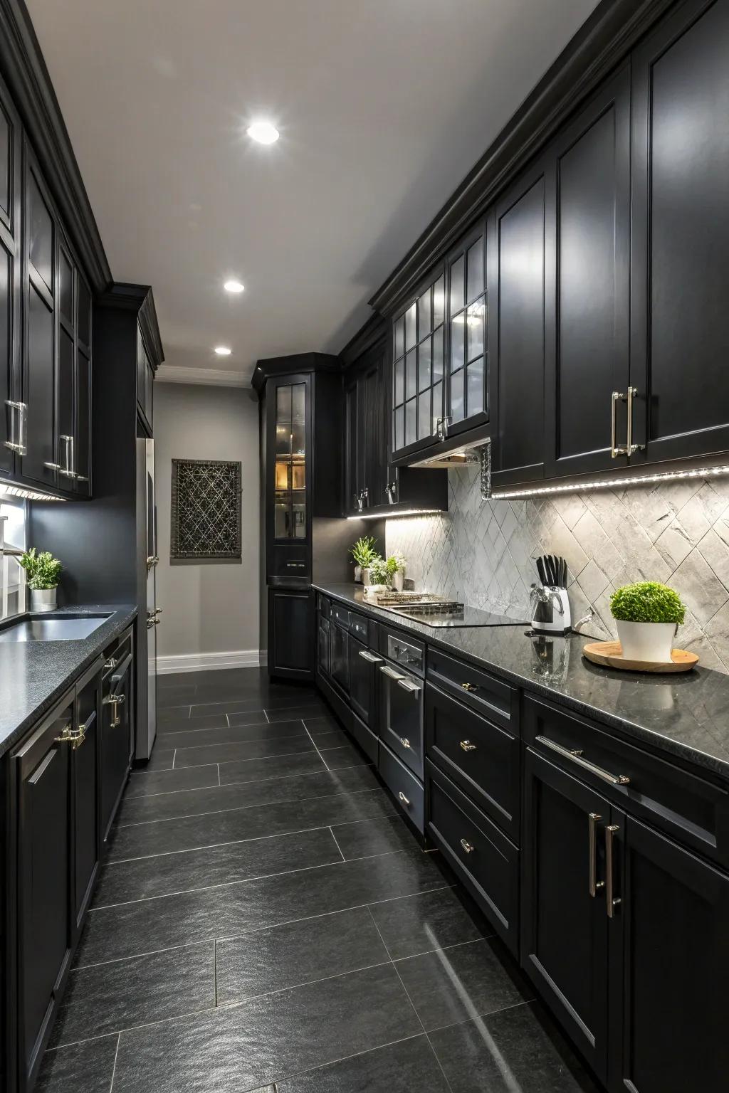 A monochromatic kitchen radiating moody elegance.