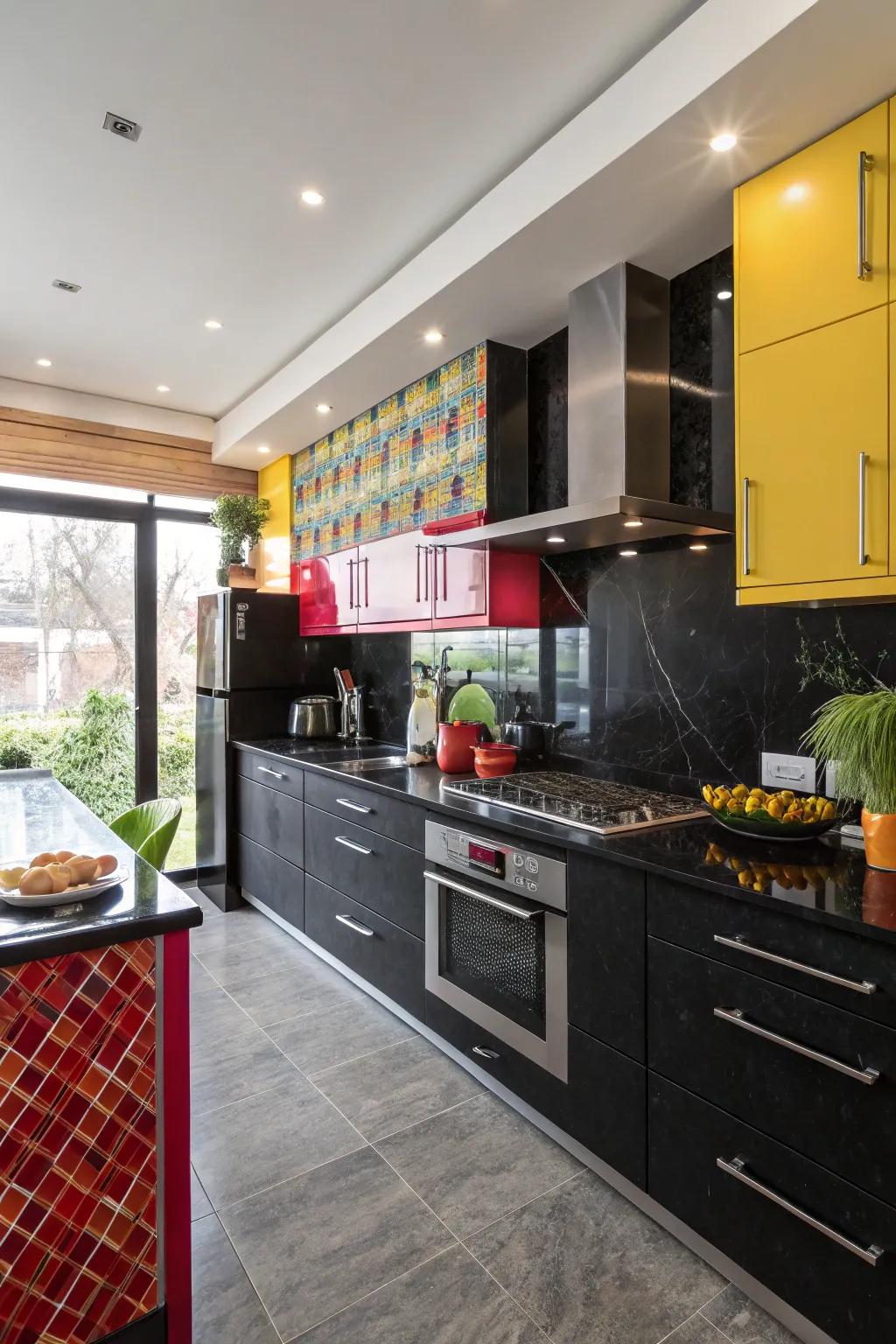 High-contrast accents add energy to ebony worktops.