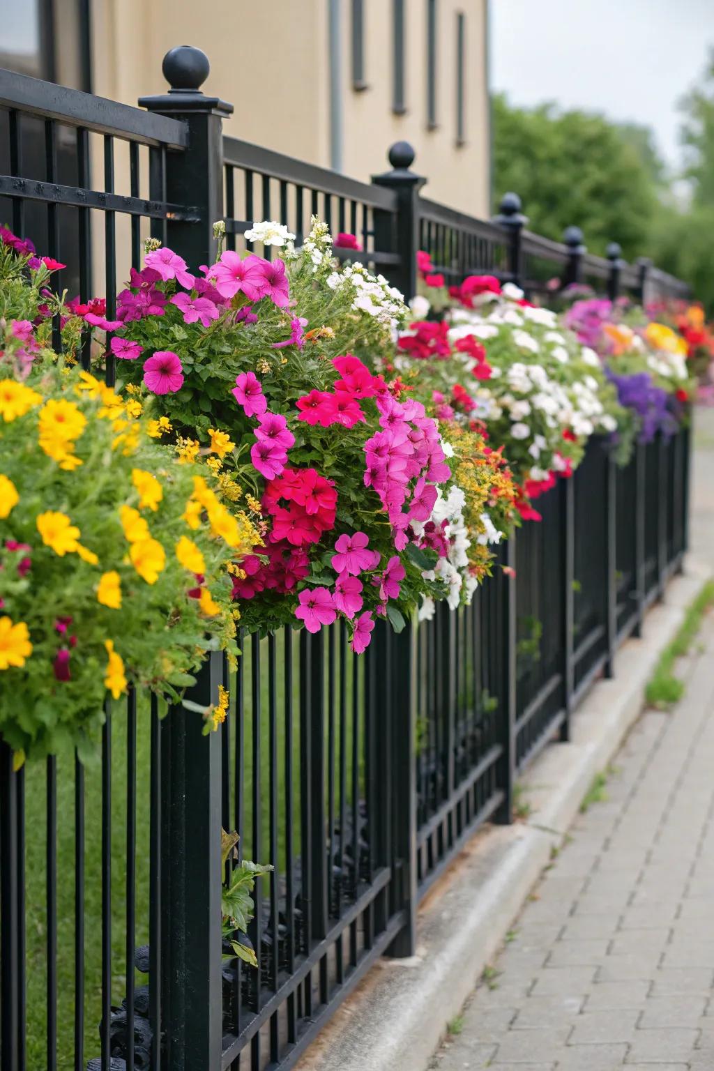 Bright blooms stand out against a striking dark fence.
