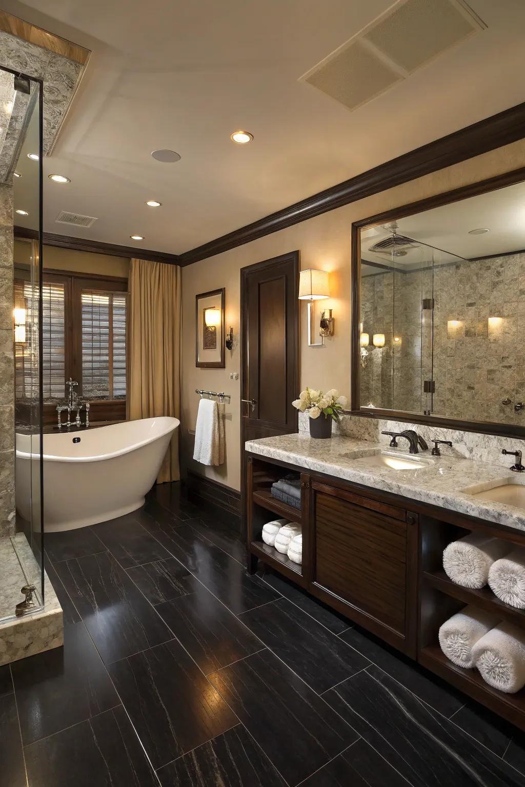 Spa-like bathroom with tranquil dark floors.