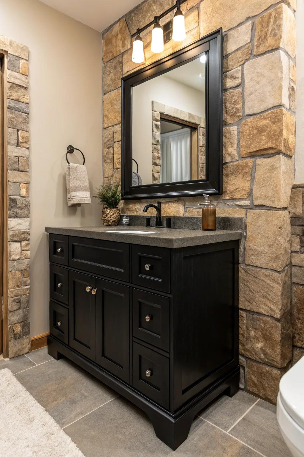 Natural stone features add an organic and textured charm to a dark-toned vanity bathroom.