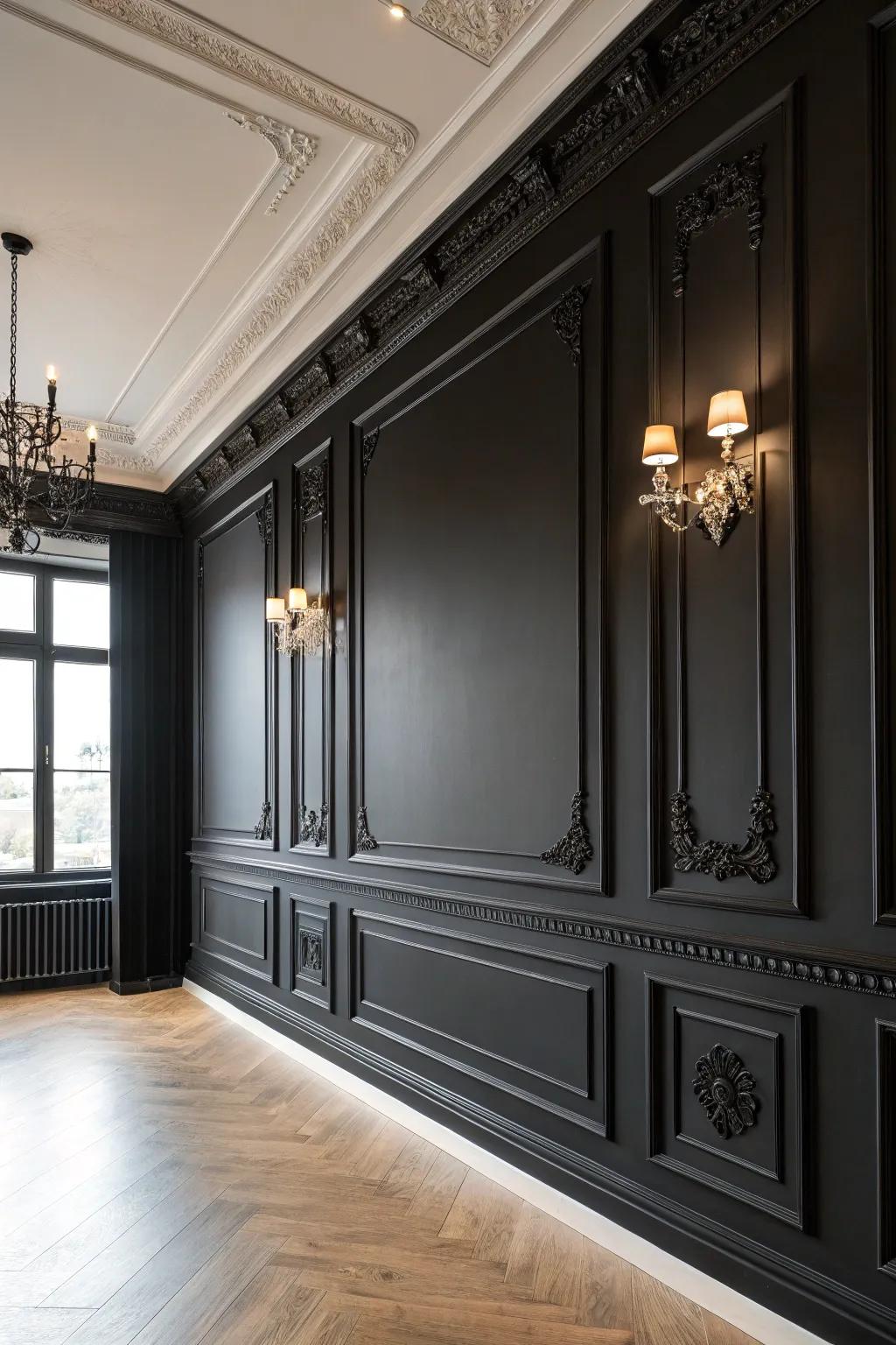 Building features emphasized by a dark wall.