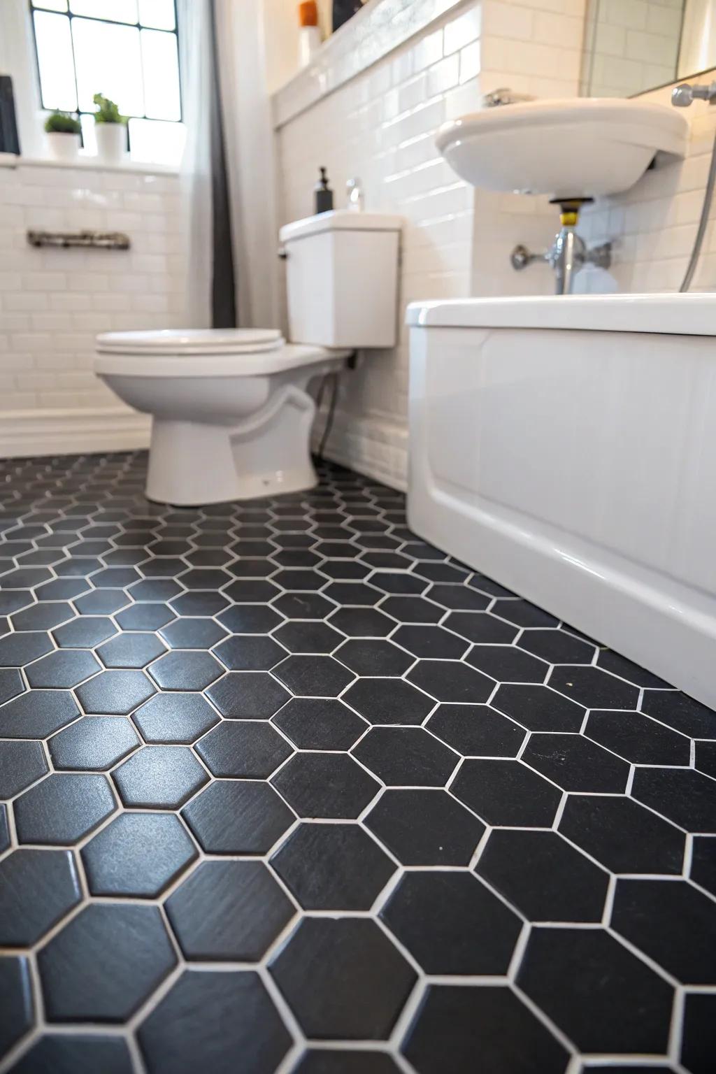 Geometric flooring adds architectural elegance to this bathroom.