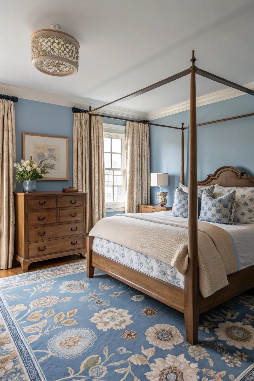 Classic and modern pieces in azure and sandstone craft a harmonious mix.