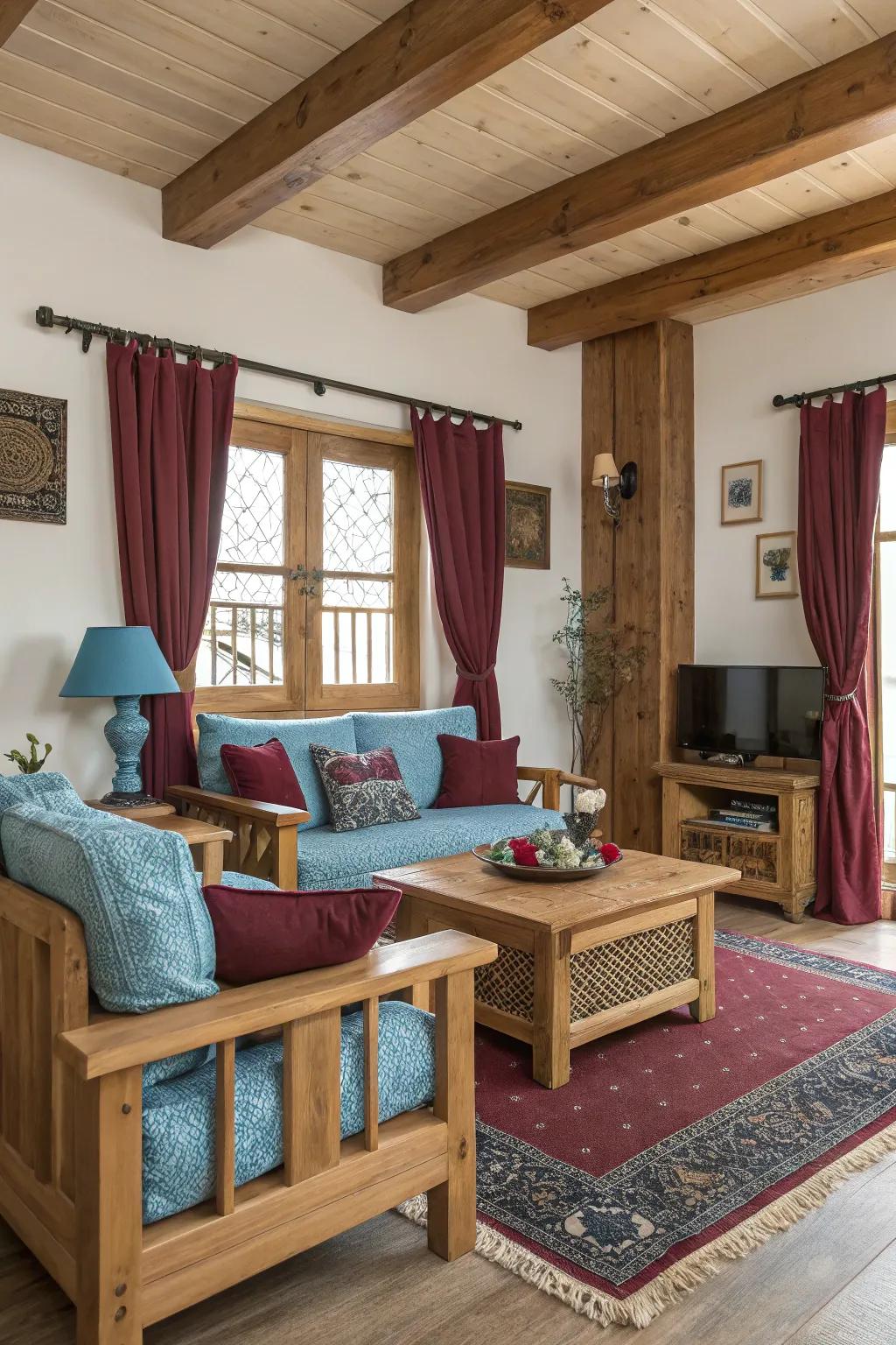 Elements of natural timber harmoniously equalize the aesthetic of azure and crimson.