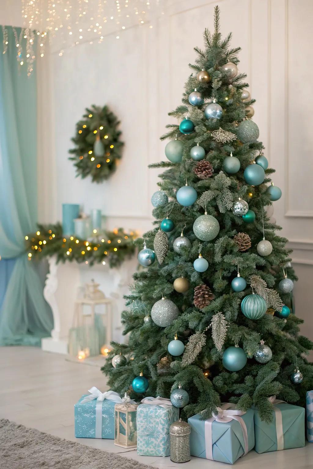 A tree in sky and sage, offering sophisticated serenity.