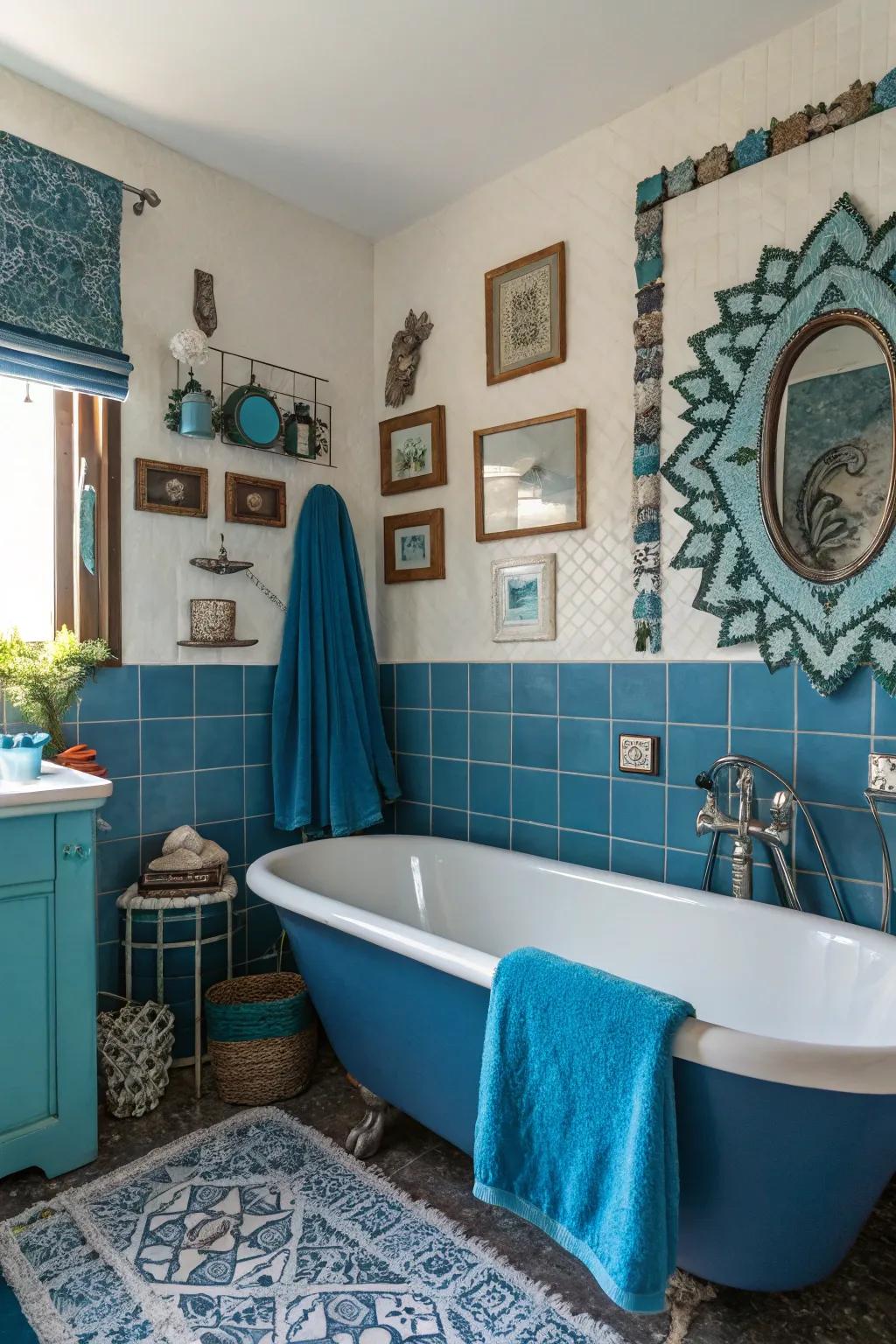Eclectic blue elements create a vibrant and personalized space.