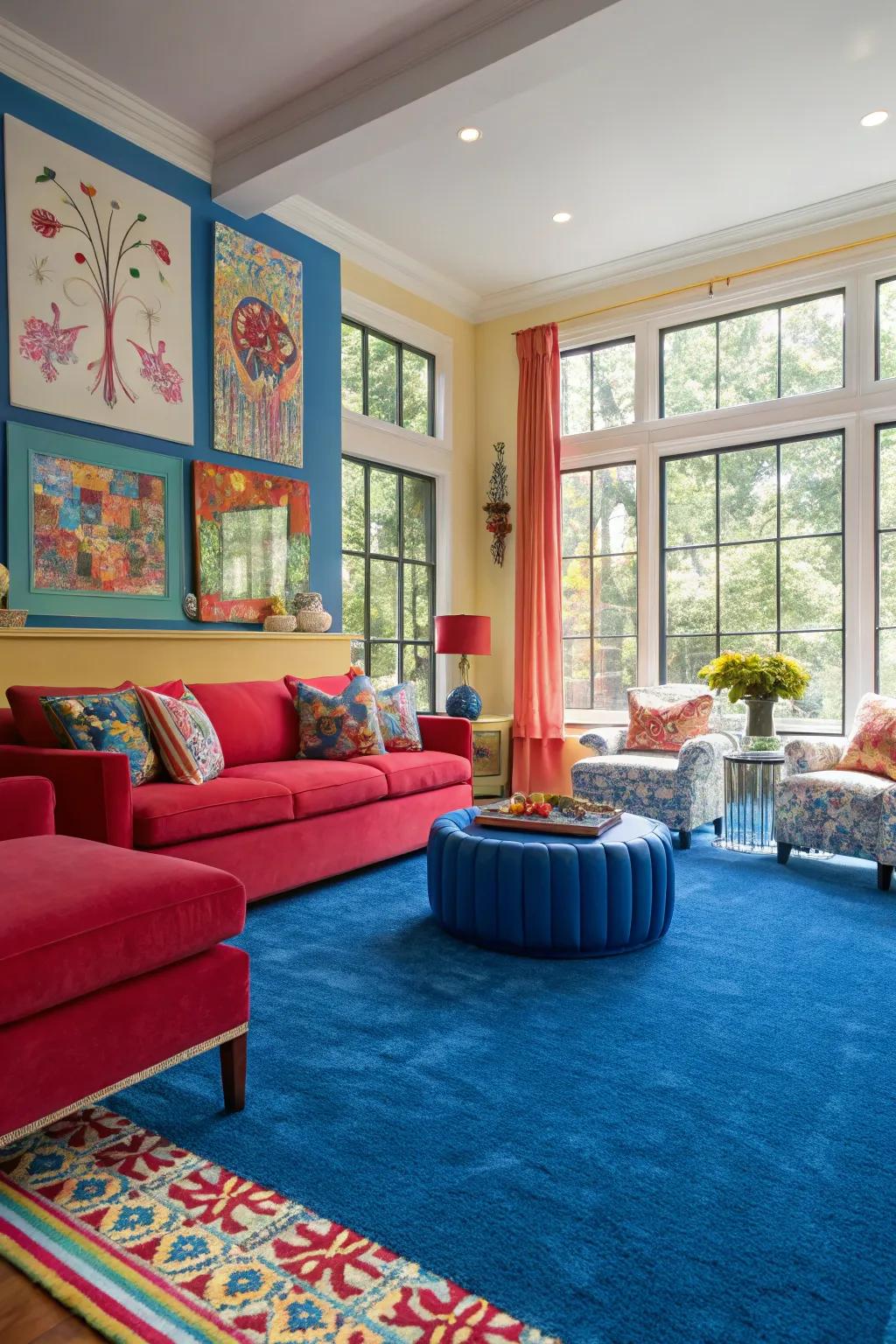 Audacious hues conjure a remarkable juxtaposition with a blue carpet, ensuring a dynamic space.