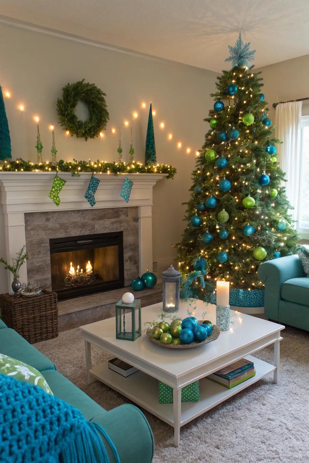 Spirited Christmas adornments in azure and verdant