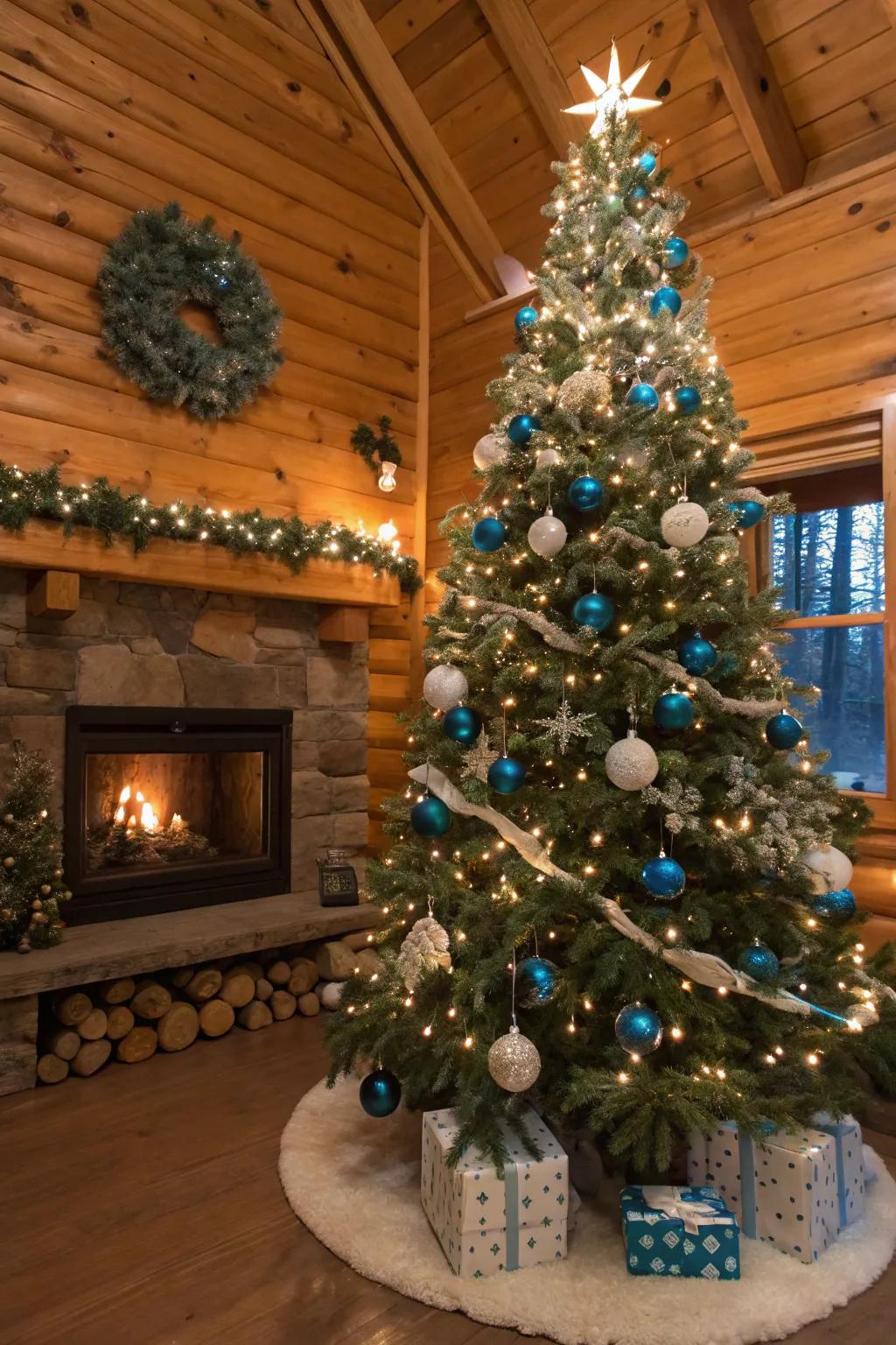 A rustic charm with azure and pristine decorations.