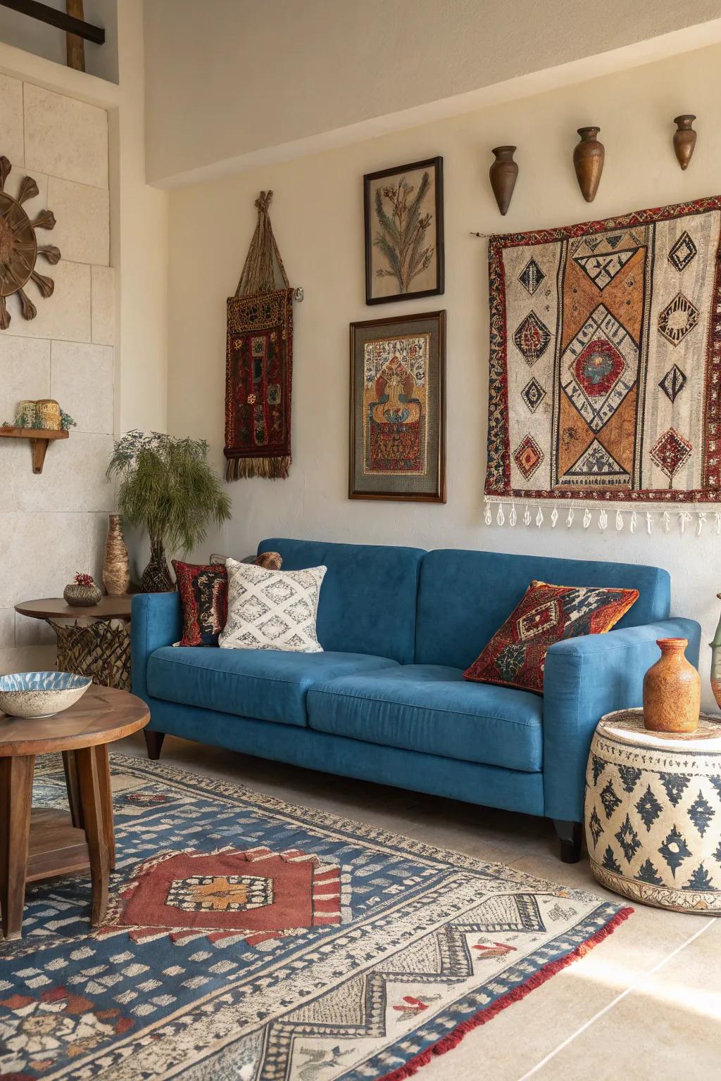 Cultural elements add depth and personality to a sapphire sofa setting.