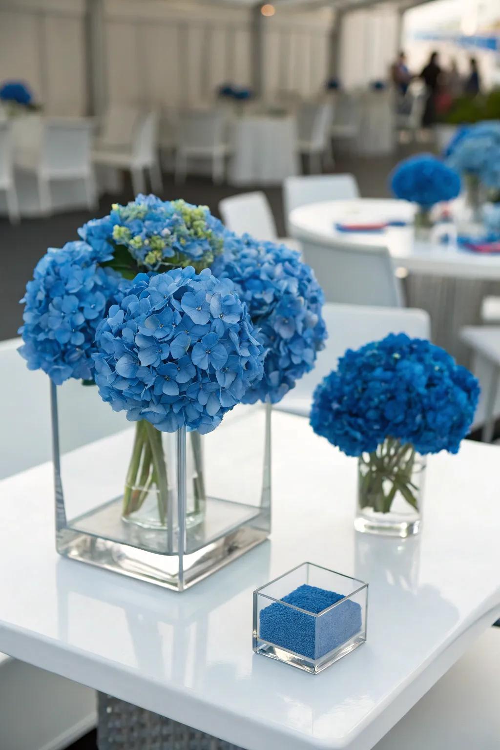 A bunch of blue hydrangeas creates a striking, modern statement.