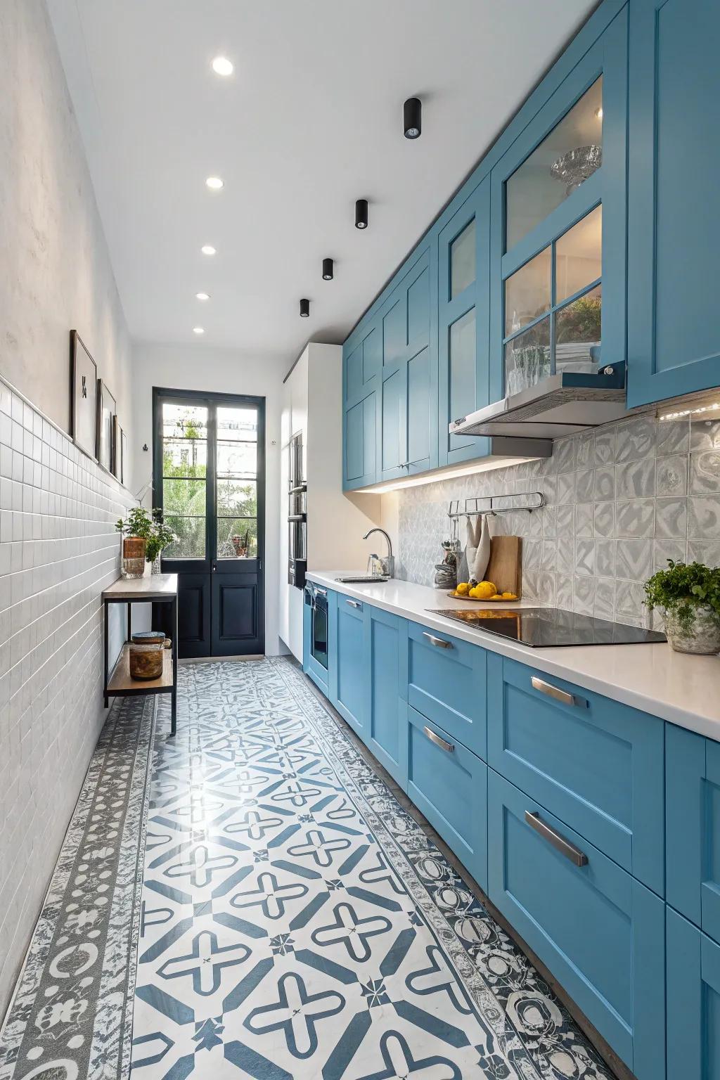Geometric compositions furnish a cutting-edge and playful contrast to azure cabinetry.