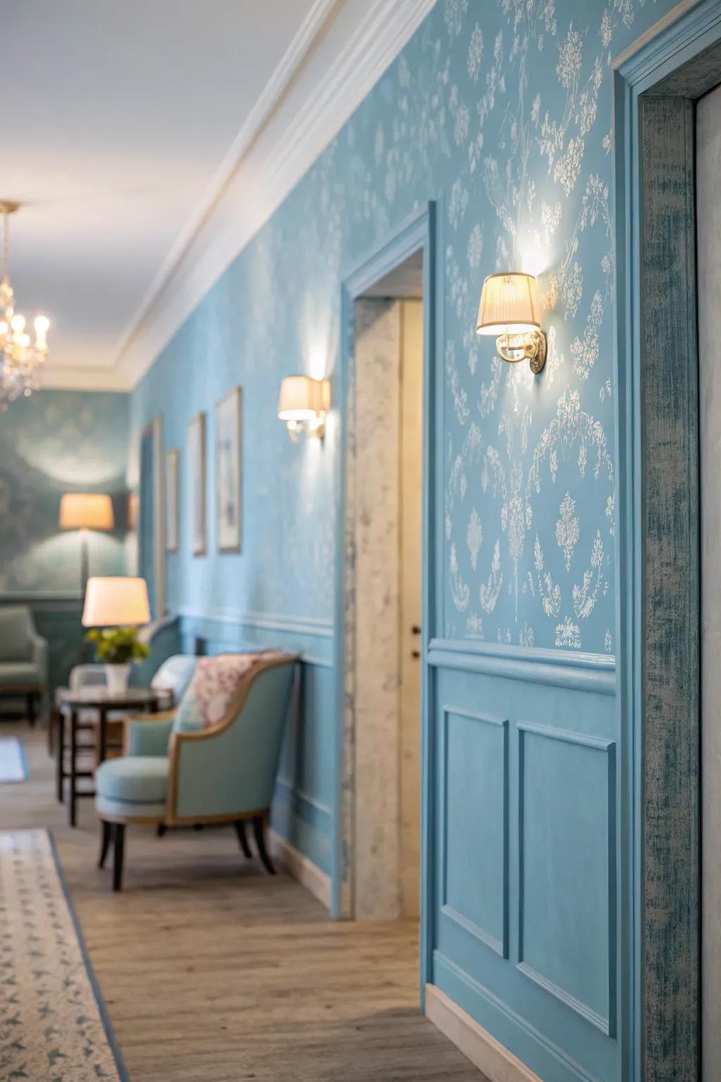 Peaceful azure wall covering transforms any space into a calming retreat.