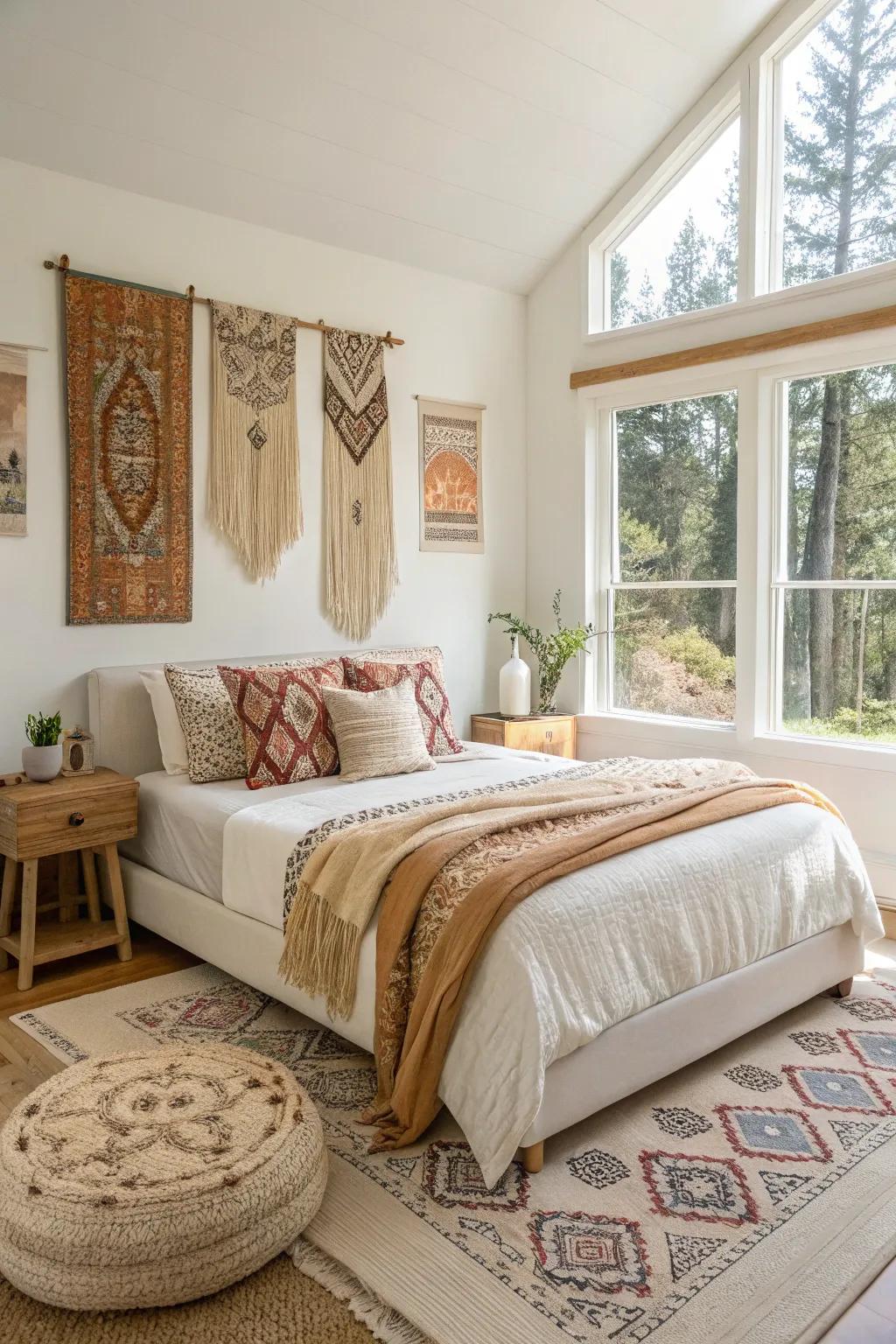 Low-profile furniture enhances the relaxed bohemian vibe.